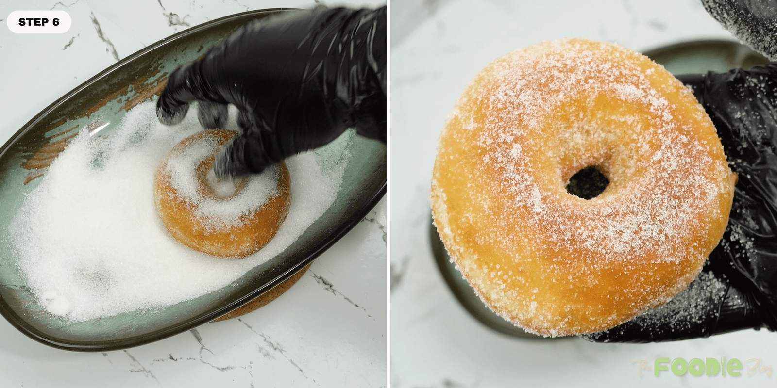 Warm fried donut being rolled in granulated sugar for coating