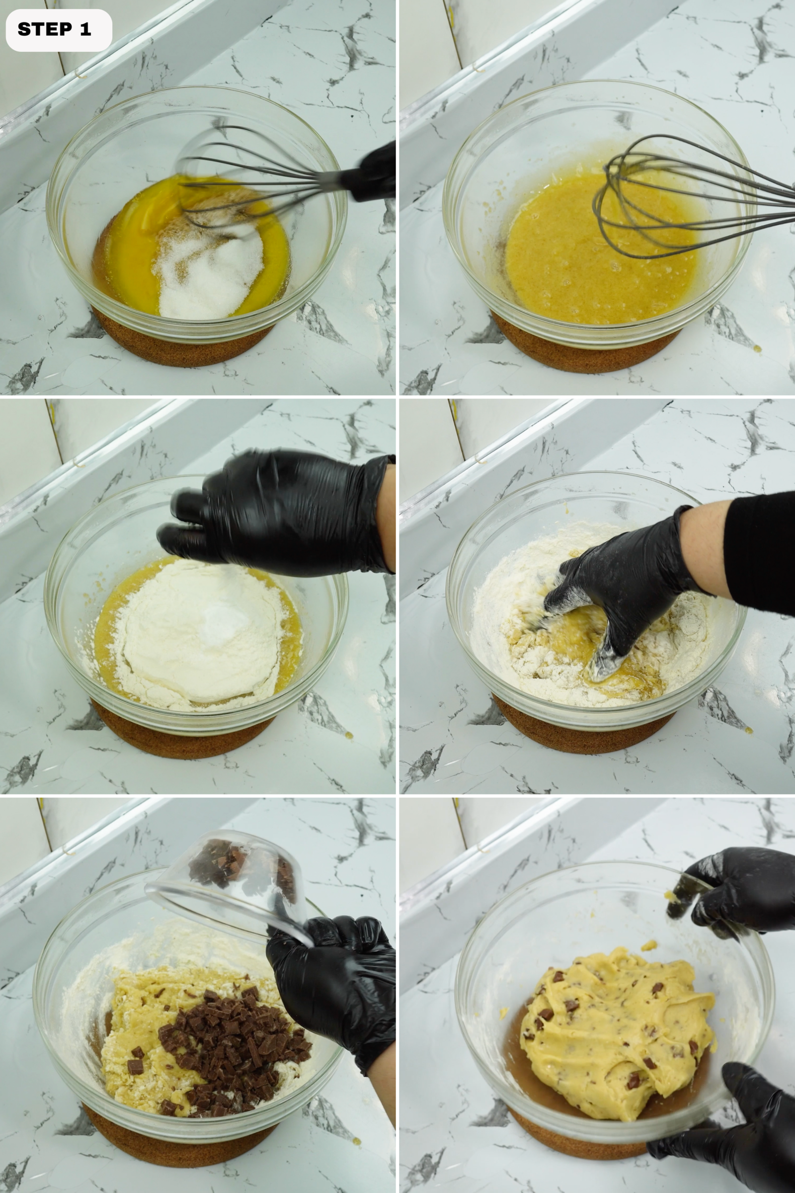 Mixing melted butter and sugar, then adding flour and chocolate in a glass bowl