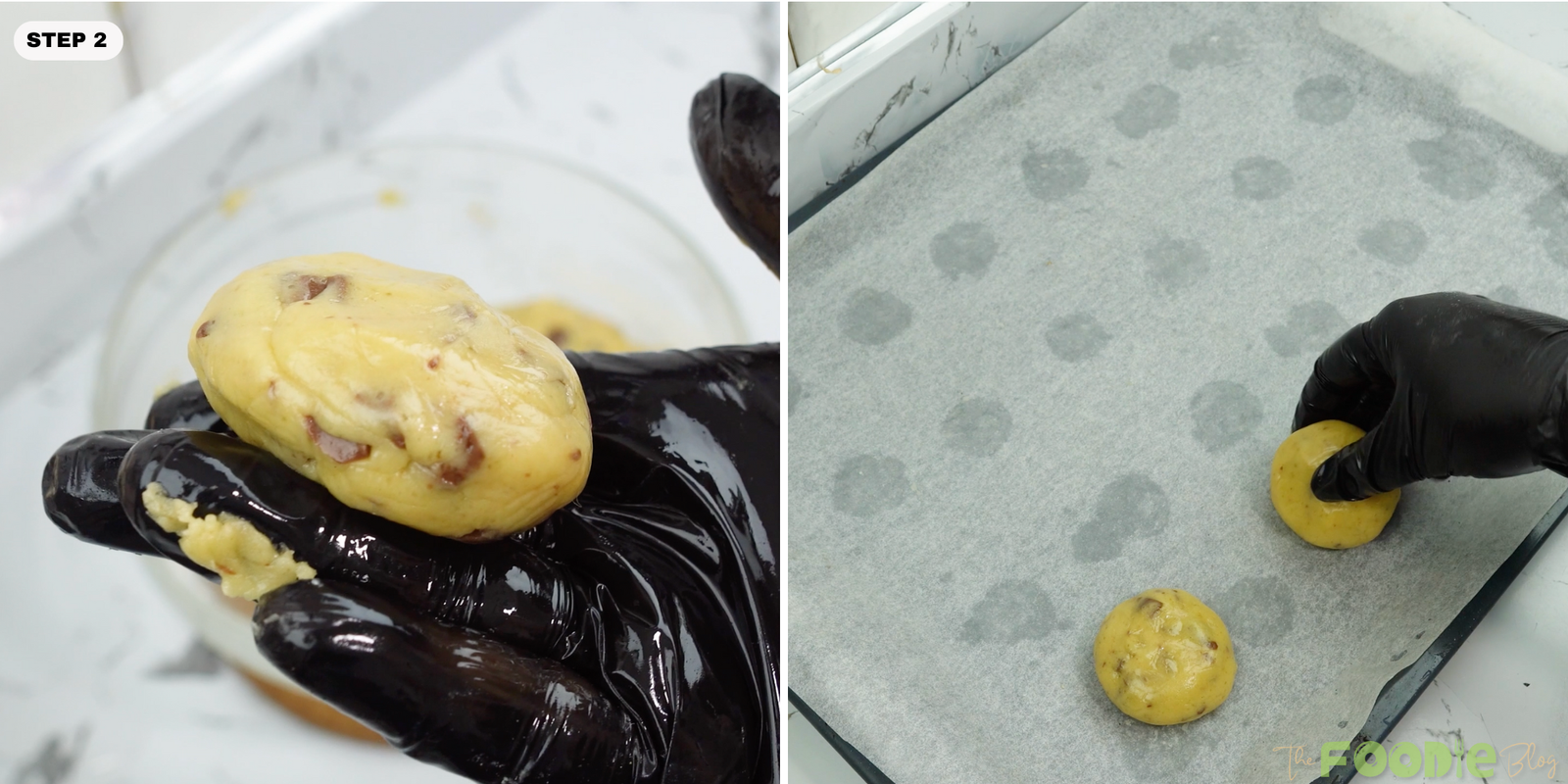 A gloved hand holding a dough ball and placing dough on a parchment-lined baking sheet
