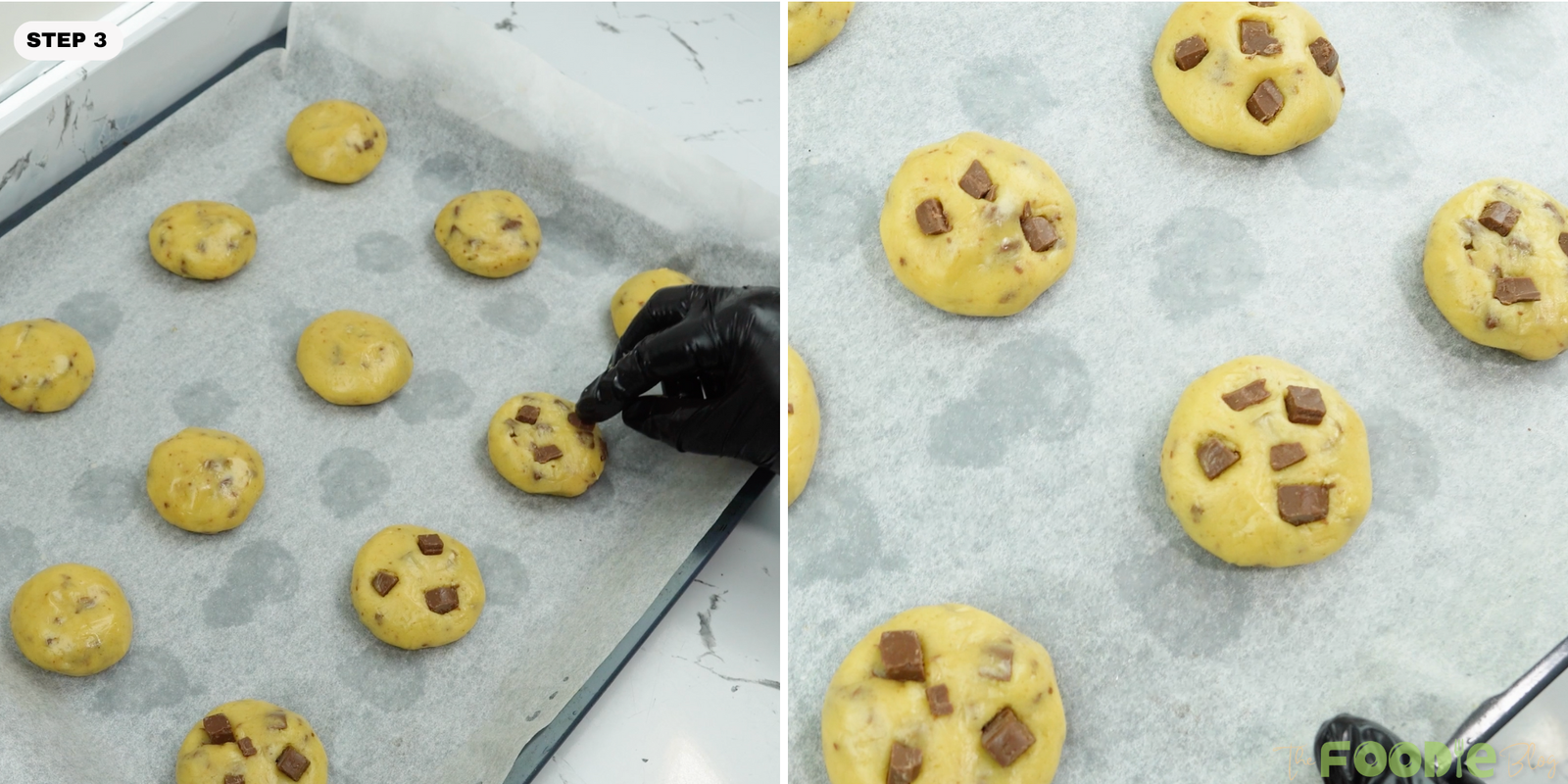 Dough balls on a tray with chocolate chunks pressed into the tops