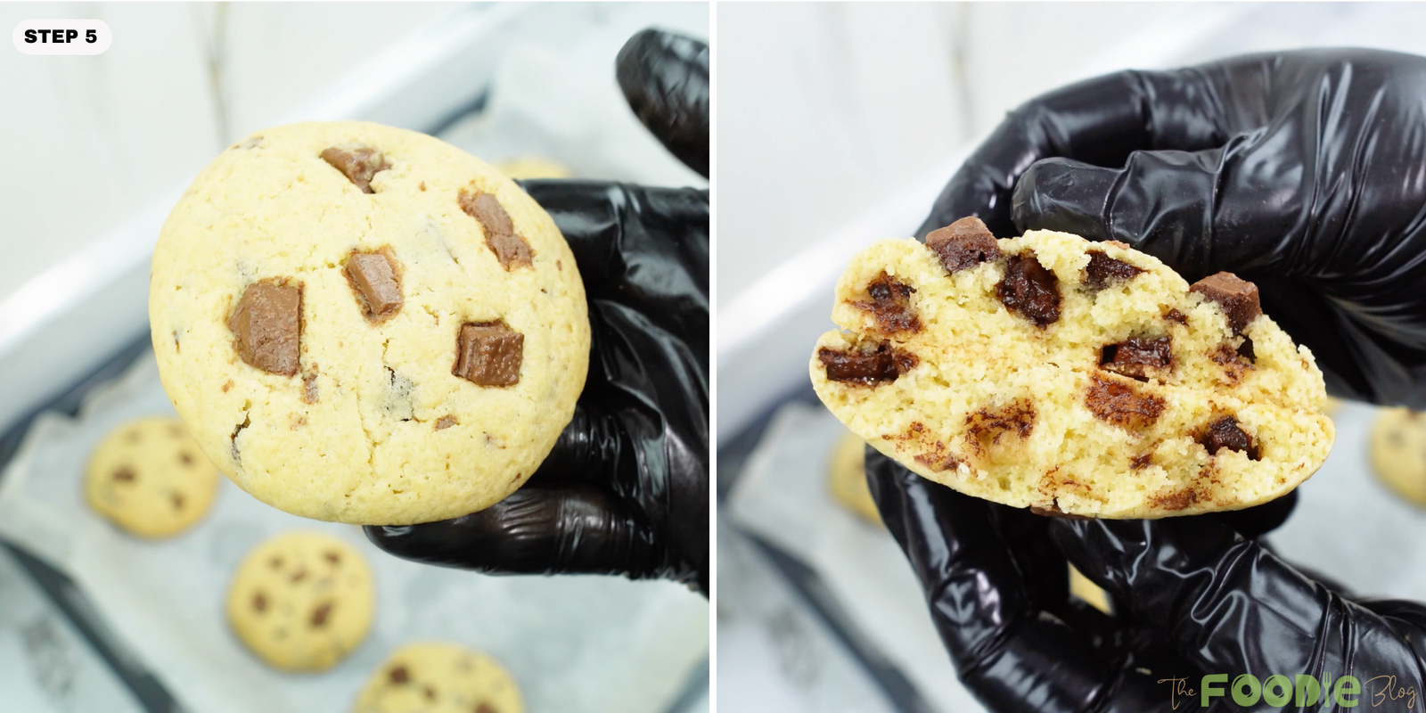 A baked chocolate chip cookie held in a hand and a cookie broken open to show the soft center