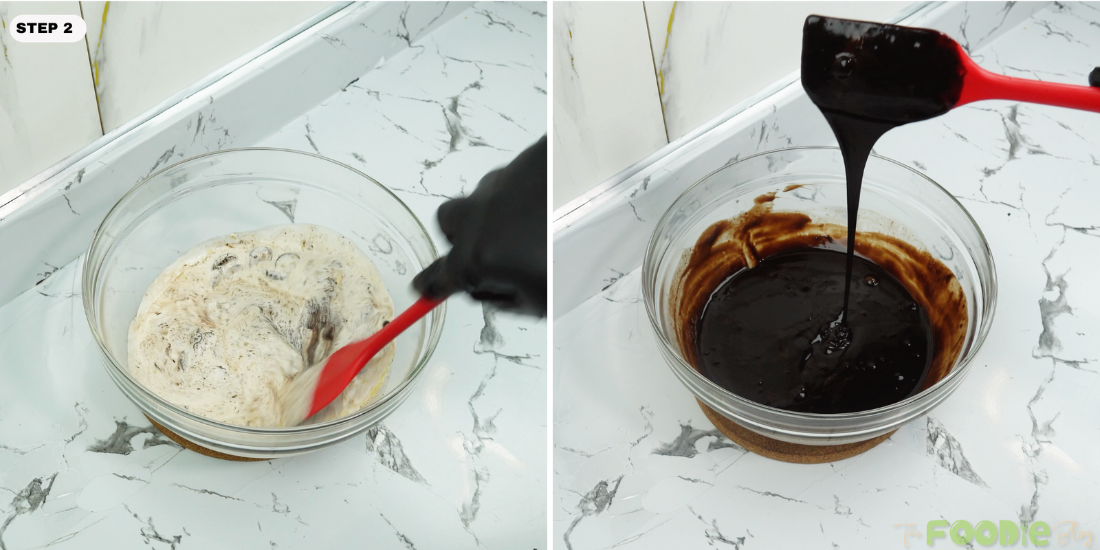 Stirring the melted chocolate mixture until glossy and smooth