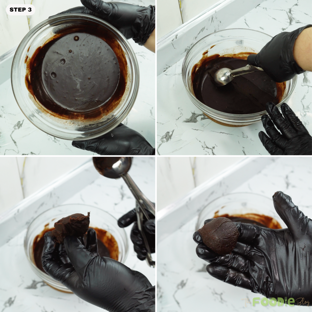 Scooping chilled chocolate mixture and rolling it into a ball by hand
