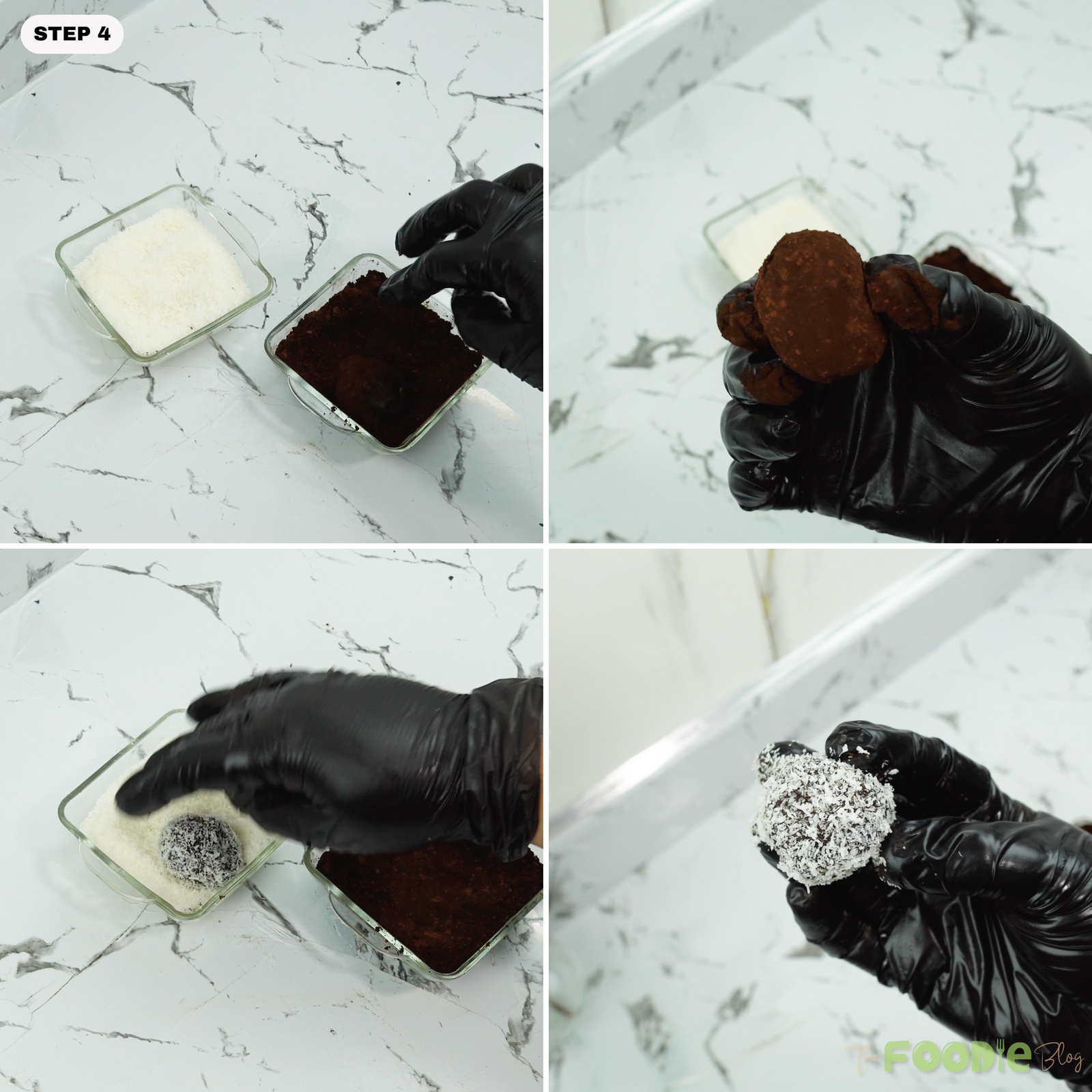 Rolling a chocolate truffle in cocoa powder and desiccated coconut