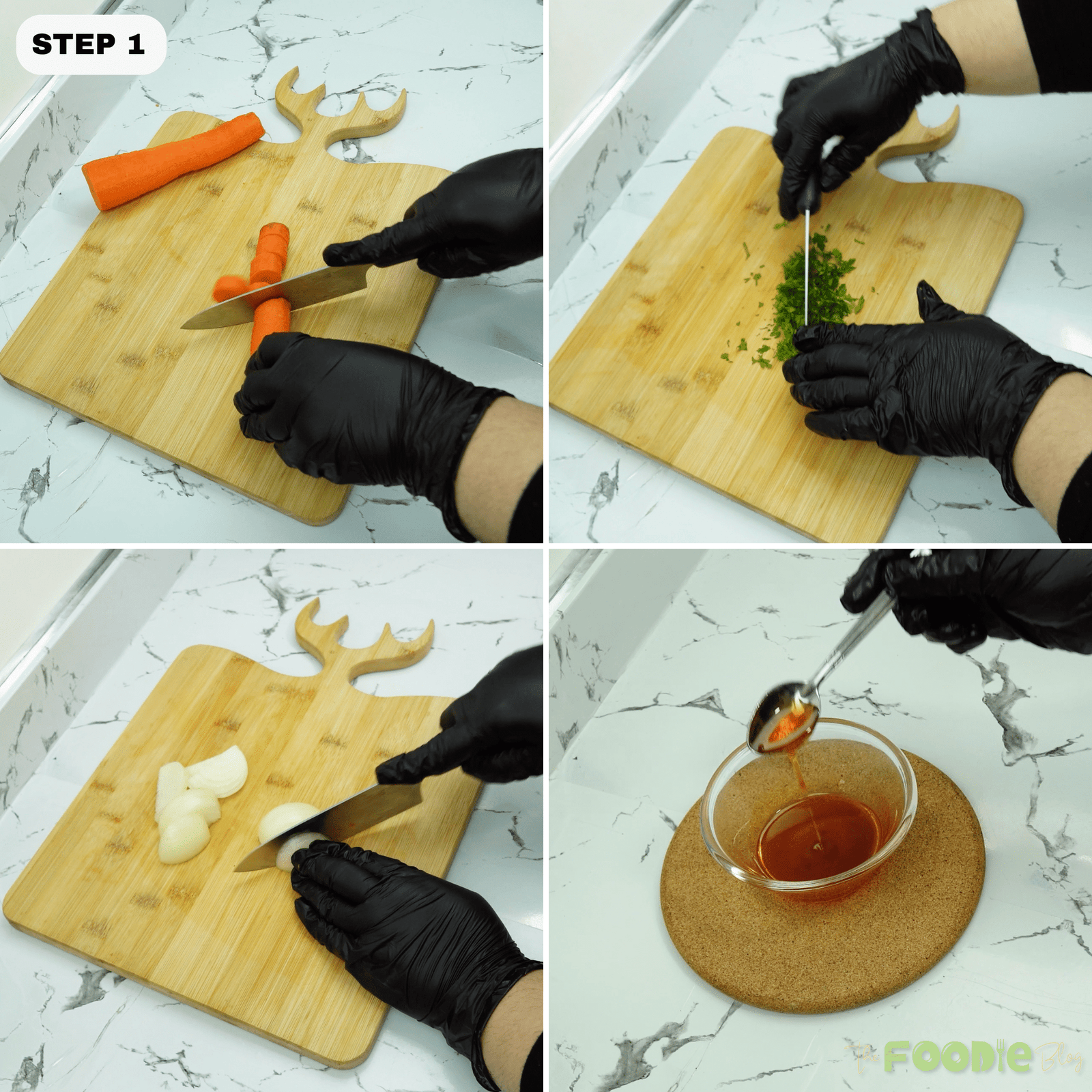 Slicing carrots and chopping onion and parsley on a cutting board for lentil soup