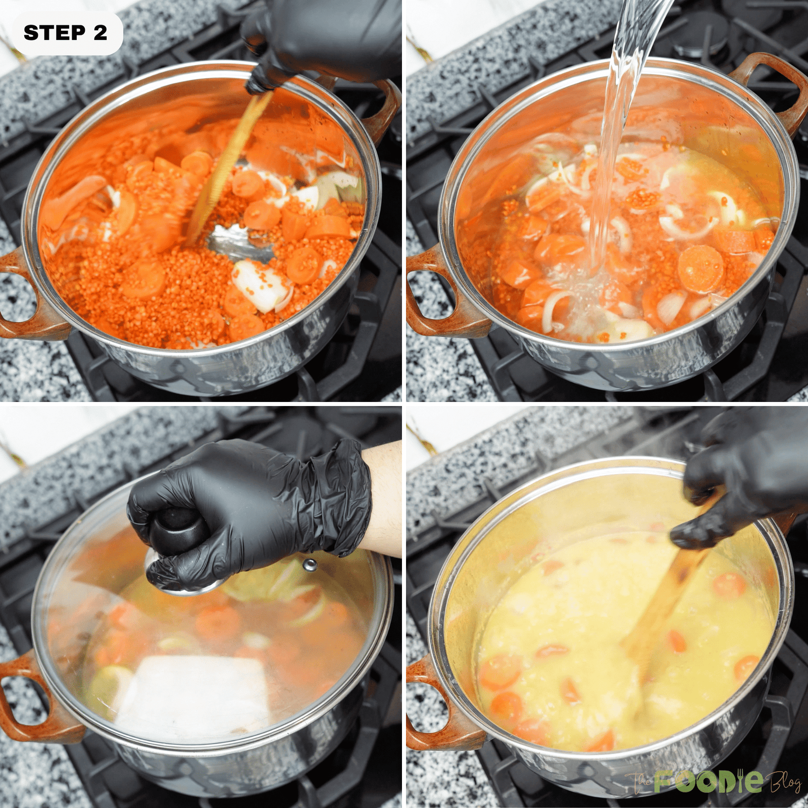 Lentils, carrots, and onion simmering in a pot with water being poured in