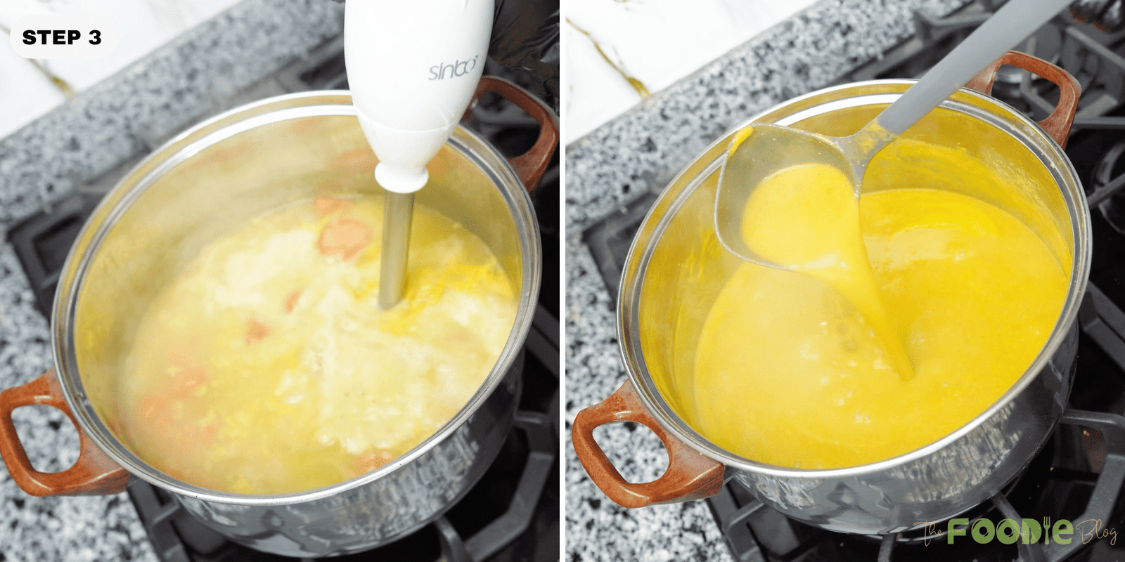 Blending lentil soup in a pot with an immersion blender until creamy