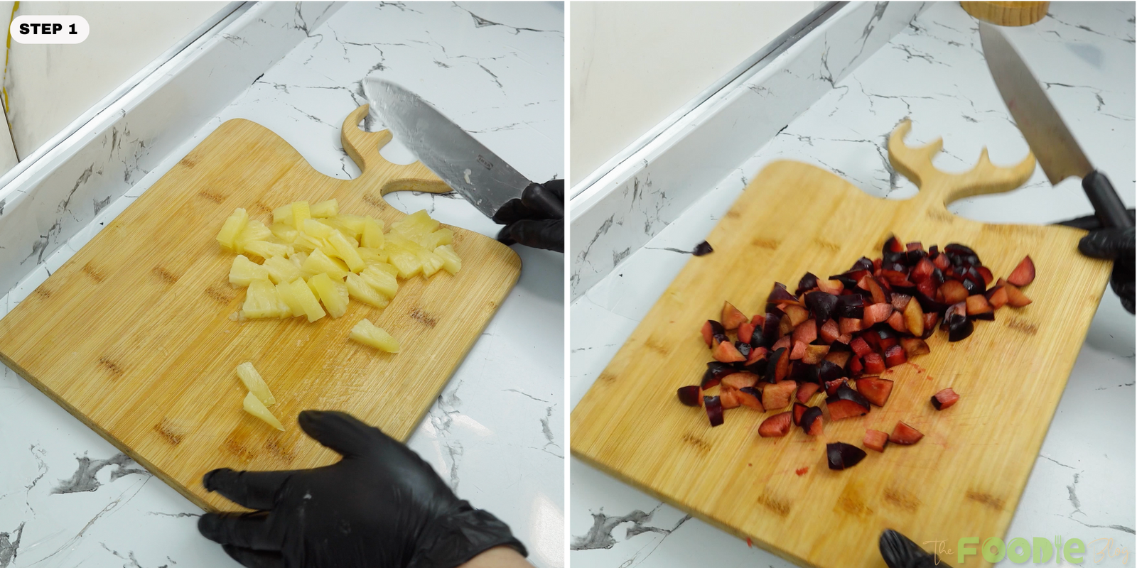 Chopped pineapple and diced plums on a cutting board