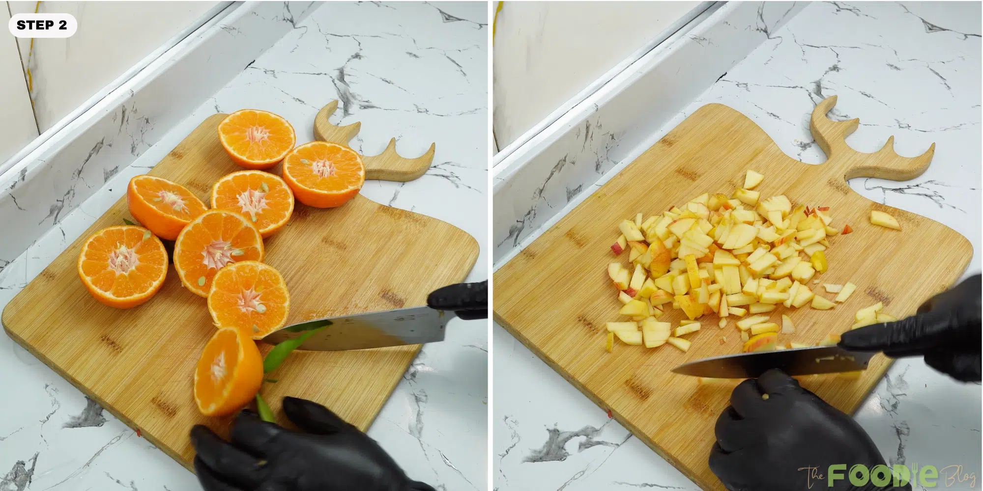 Oranges cut in half and diced apples on a cutting board