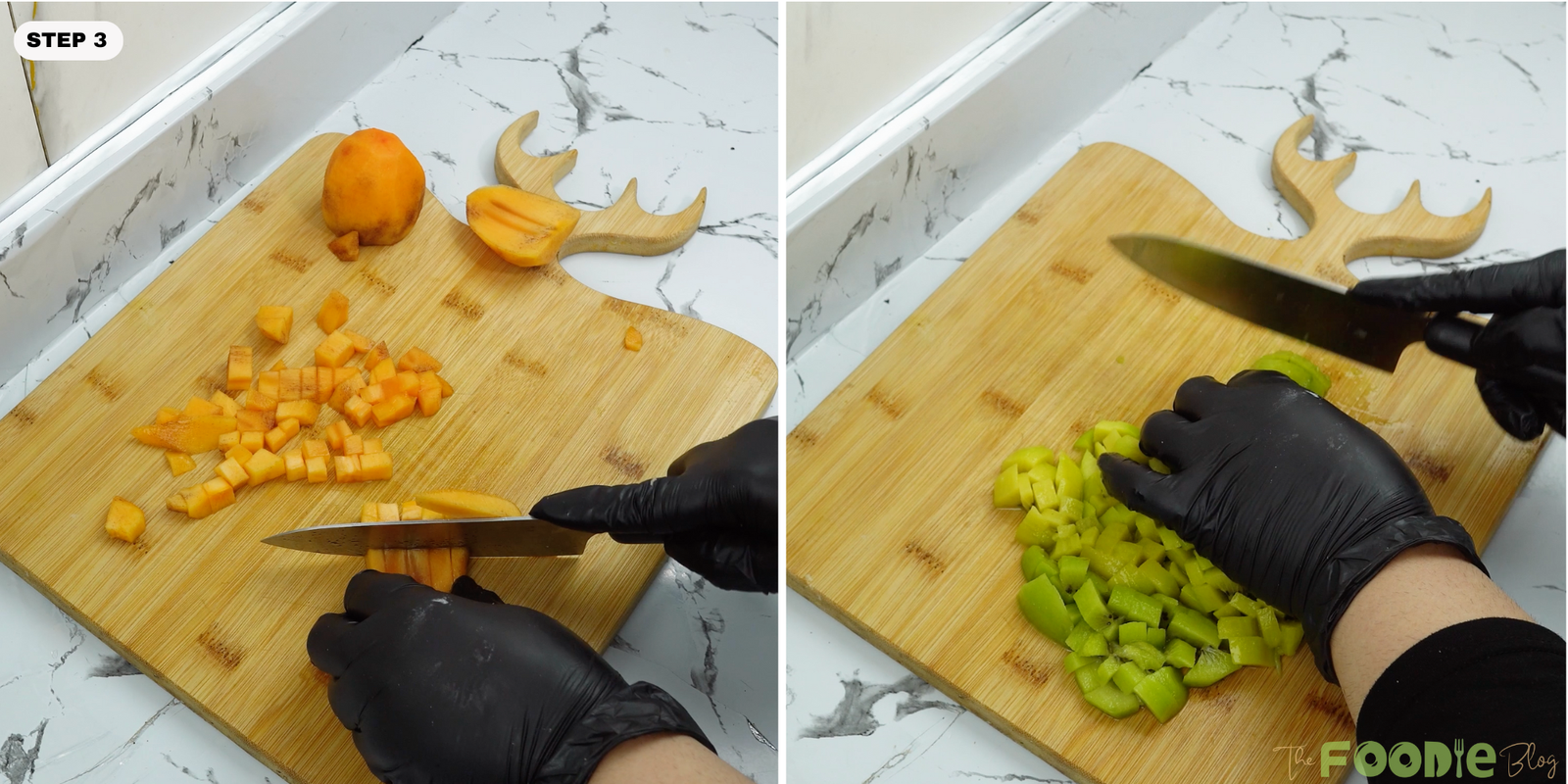 Diced persimmon and chopped kiwi on a cutting board
