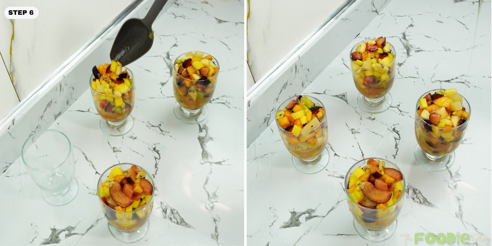 Fruit salad being spooned into glasses for serving