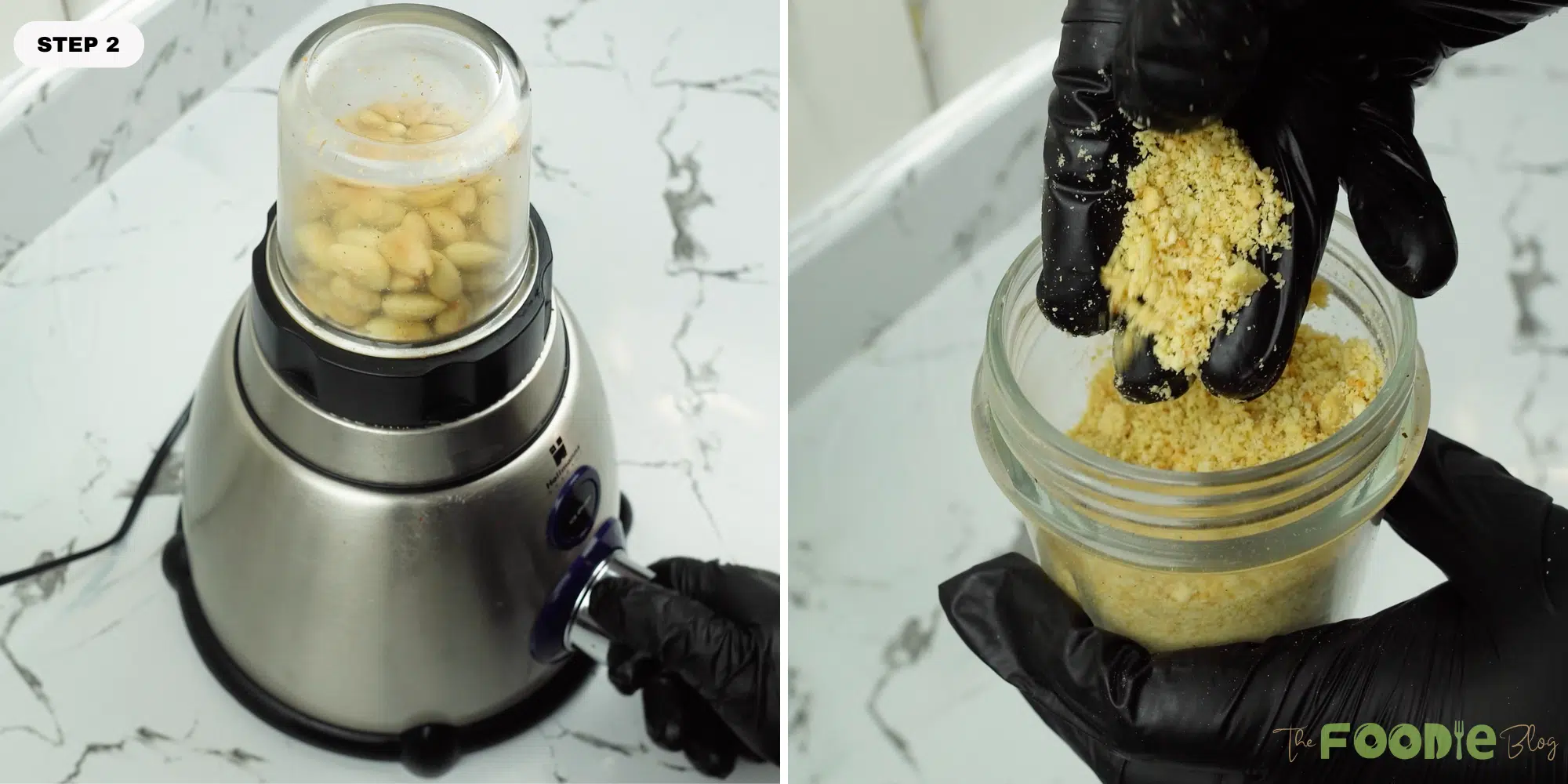 Toasted almonds in a blender cup and freshly ground almond meal in a jar