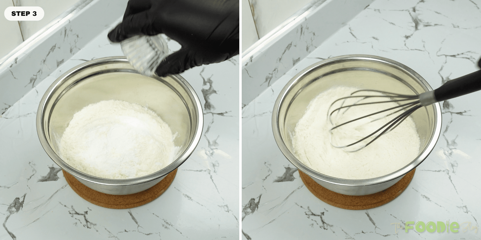 Flour mixture in a bowl being whisked with baking powder and salt