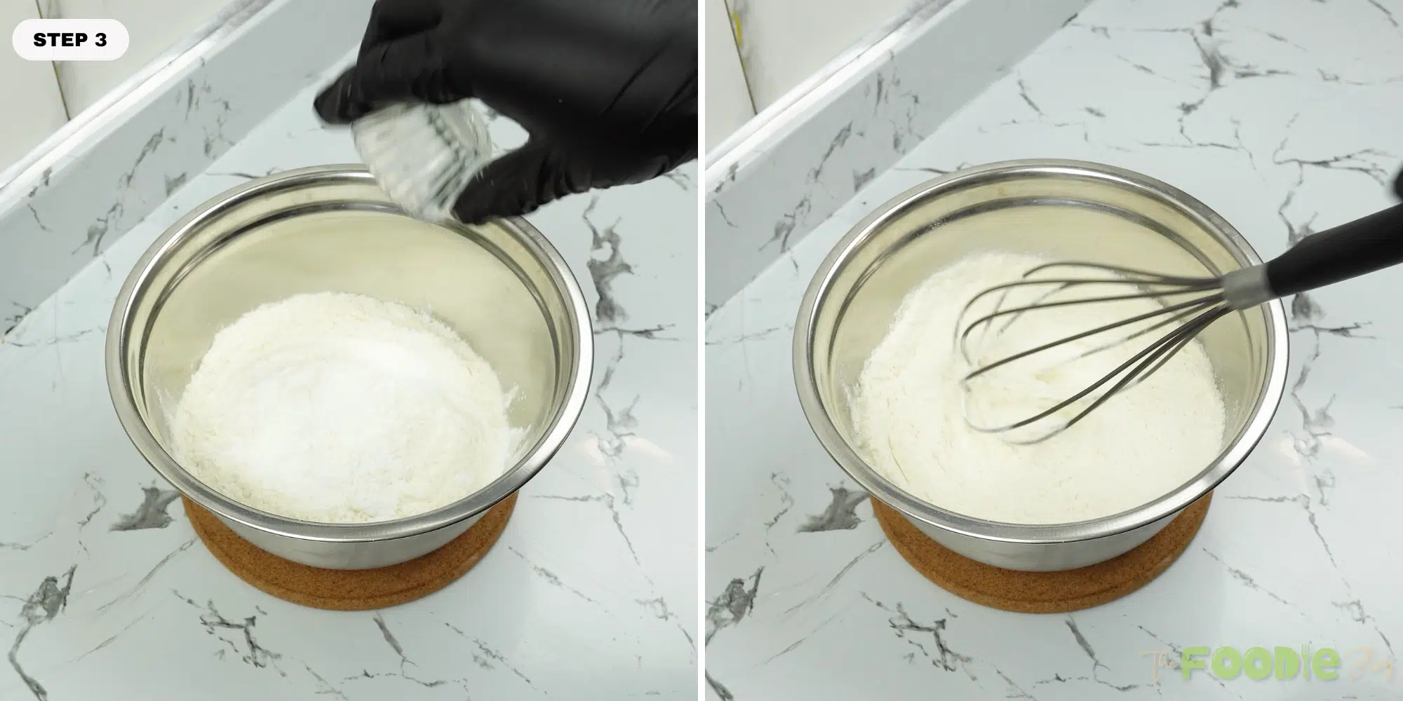 Flour mixture in a bowl being whisked with baking powder and salt