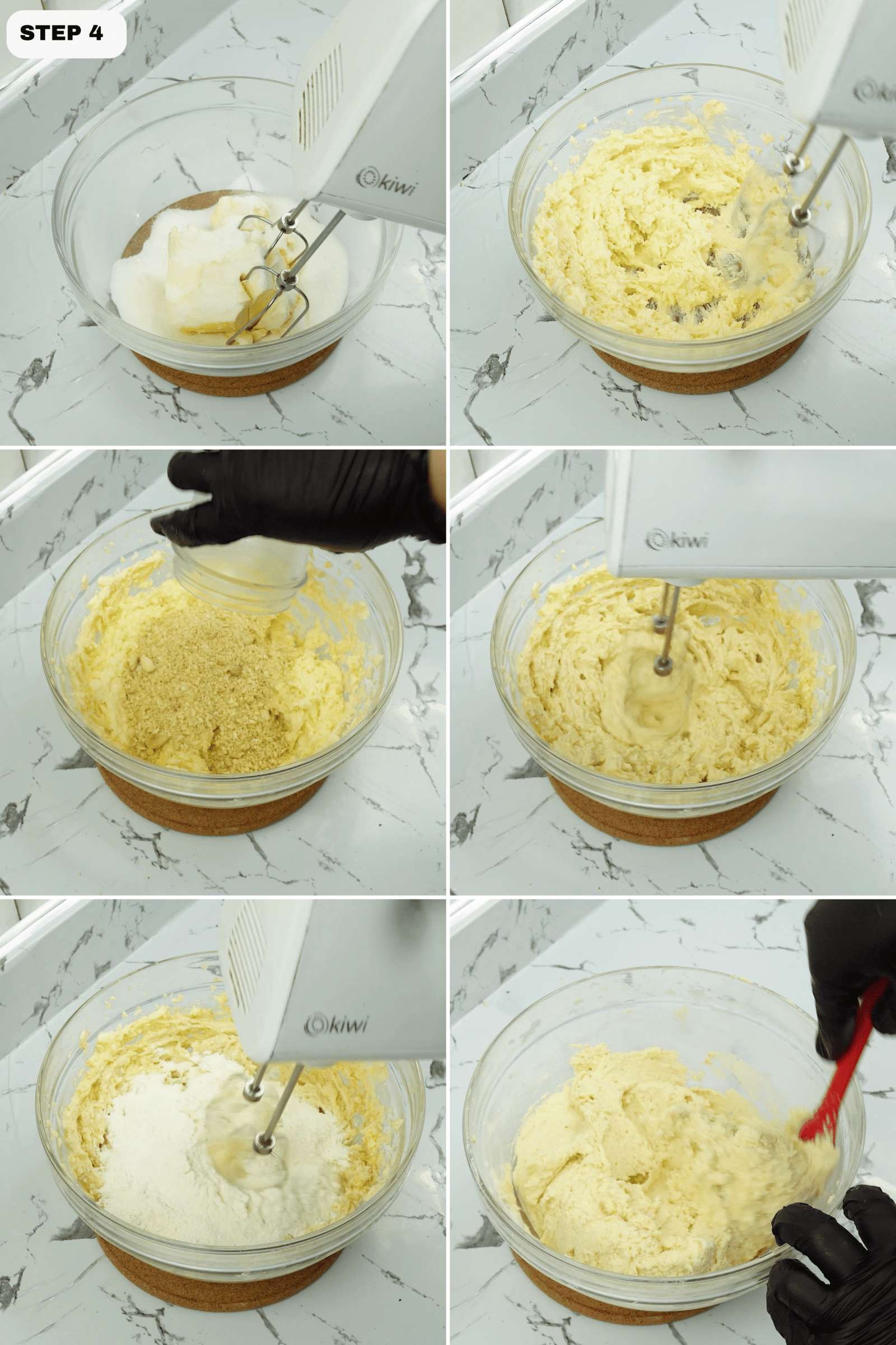 Butter and sugar being mixed, then almond meal and flour added to form dough