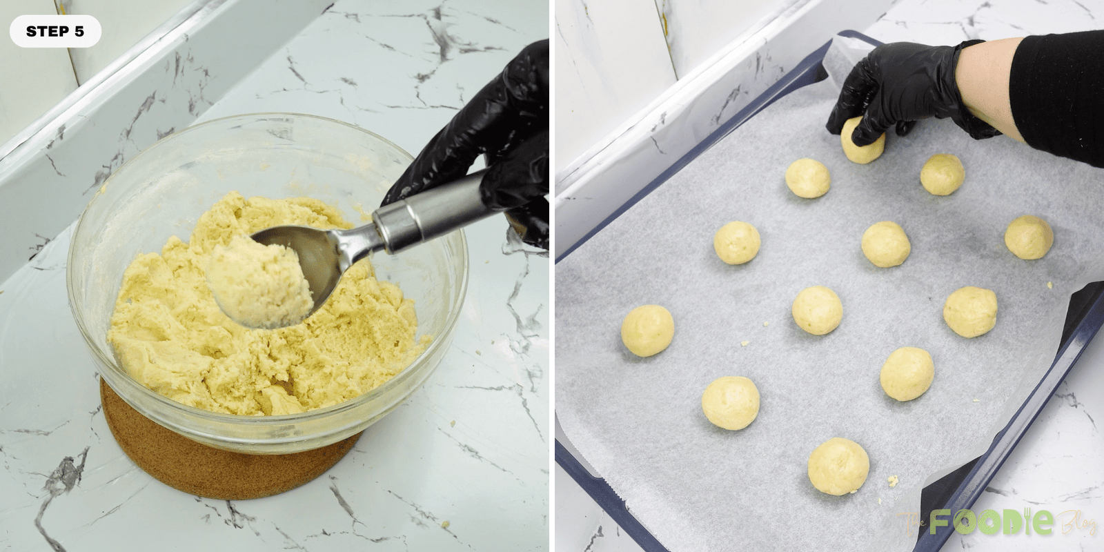 Cookie dough being scooped and rolled into balls on a parchment-lined baking sheet