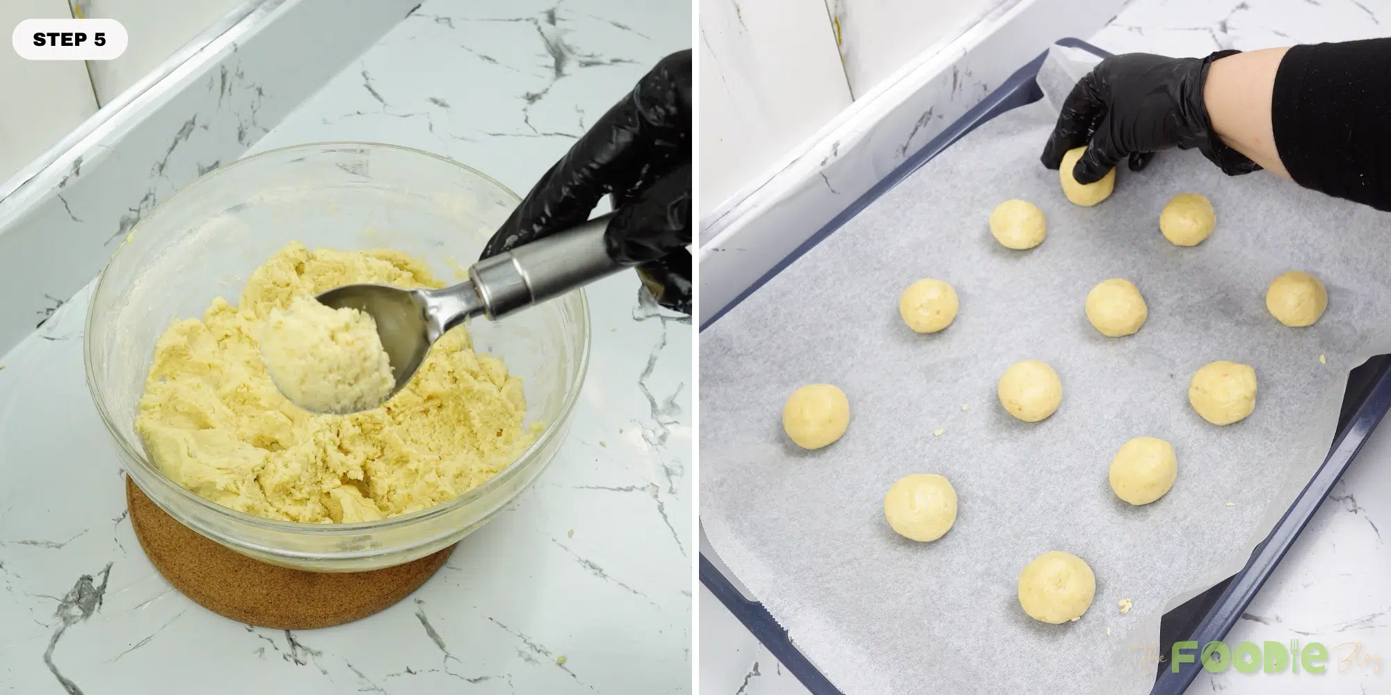 Cookie dough being scooped and rolled into balls on a parchment-lined baking sheet