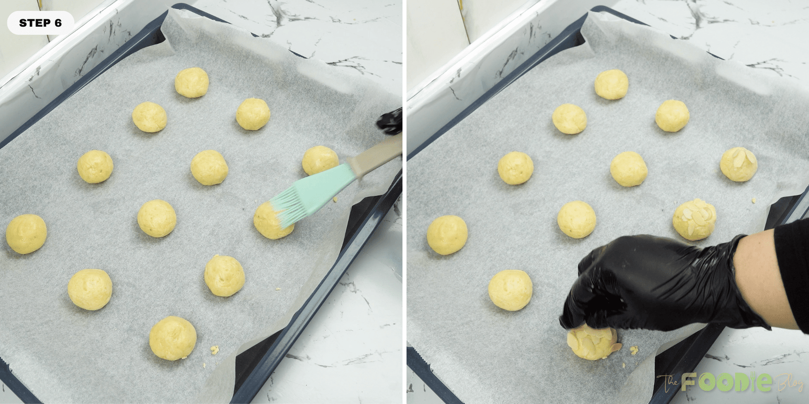 Dough balls brushed with egg white and topped with sliced almonds