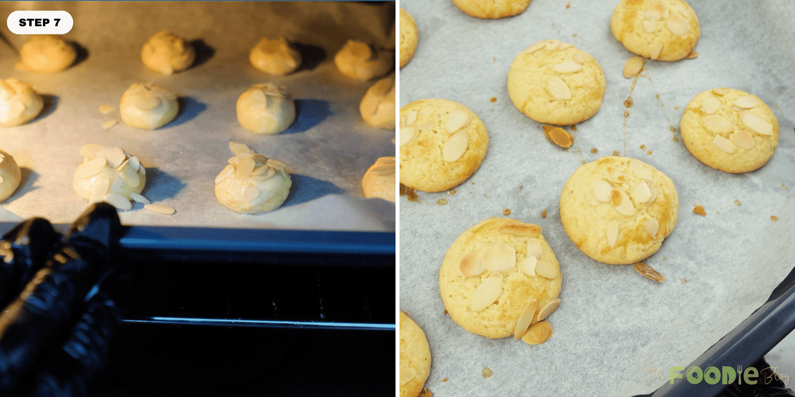 Almond-topped cookie dough baking in the oven and baked cookies cooling on parchment