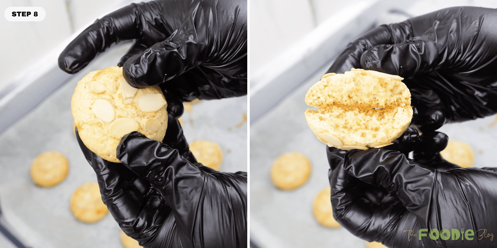 A hand holding an almond-topped cookie and a split cookie showing the soft interior