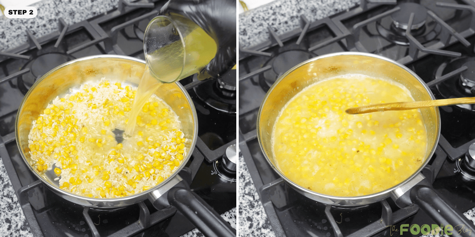 Chicken broth being poured into a skillet with rice and corn, then stirred to combine