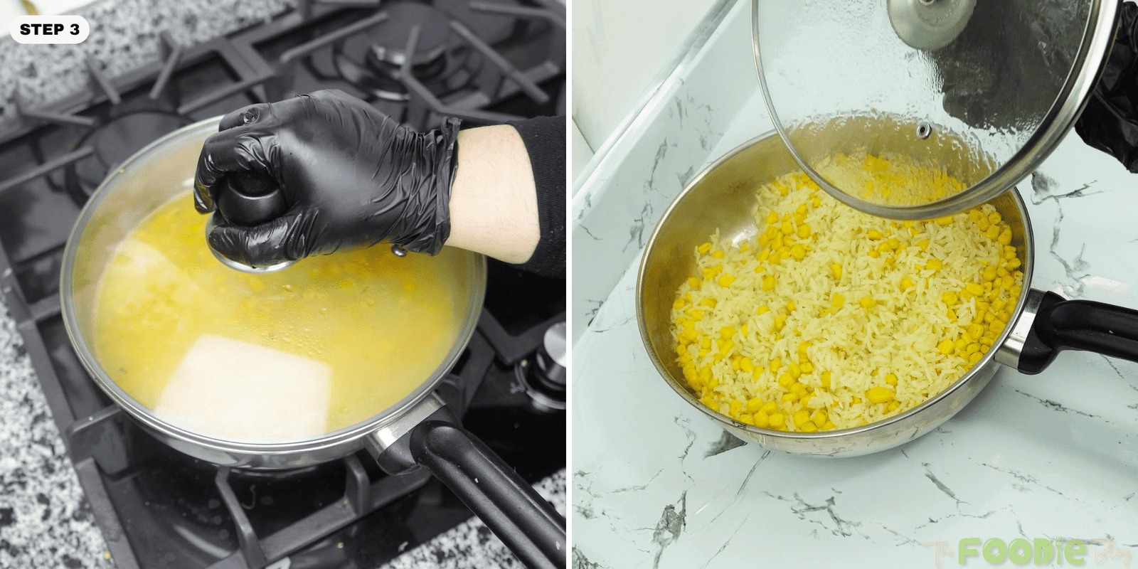 Skillet covered while rice cooks, then lid lifted to show fluffy cooked corn rice