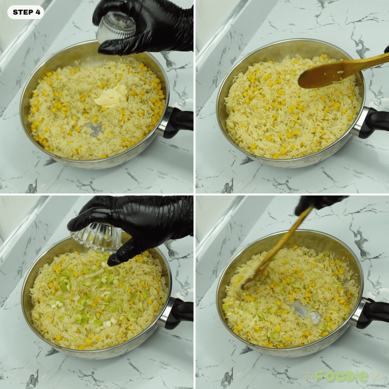 Butter and sliced green onions being added to cooked corn rice in a skillet