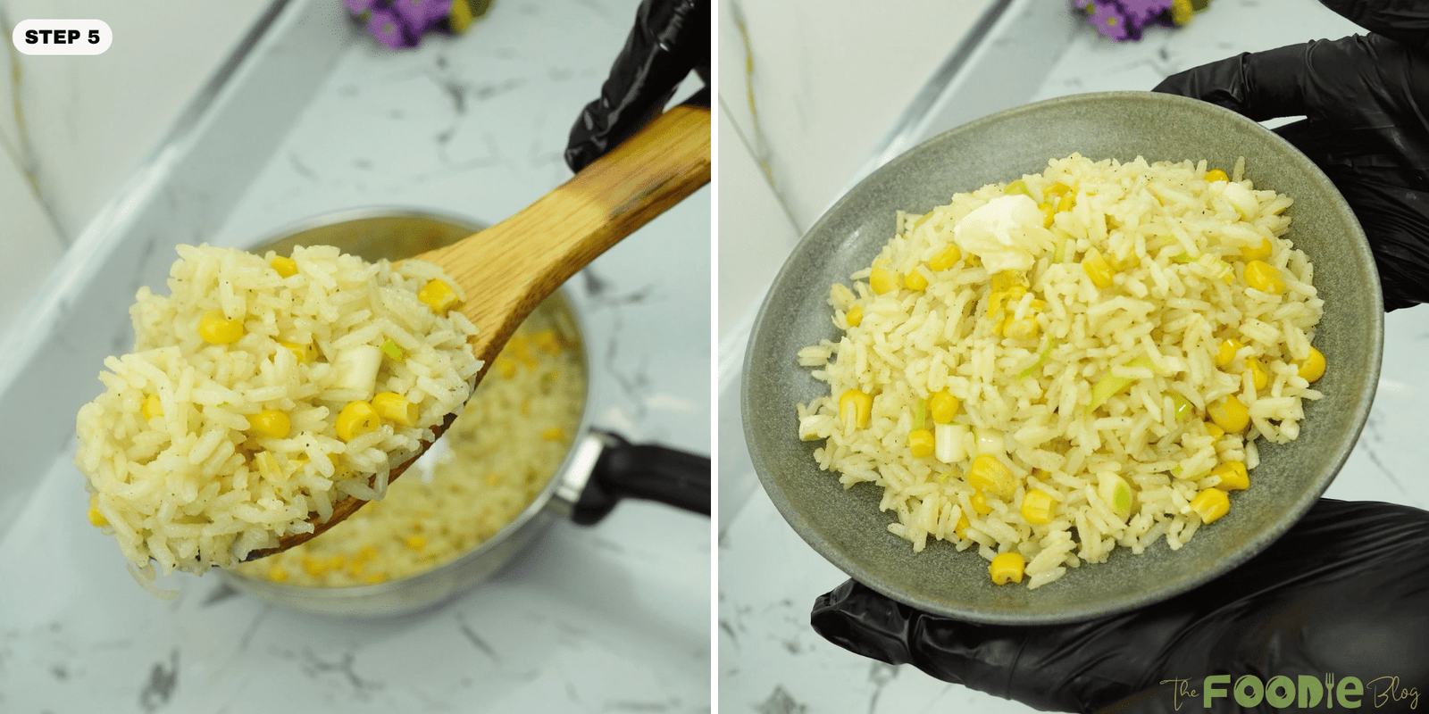 Spoonful of corn rice lifted from the pan and a bowl of corn rice ready to eat