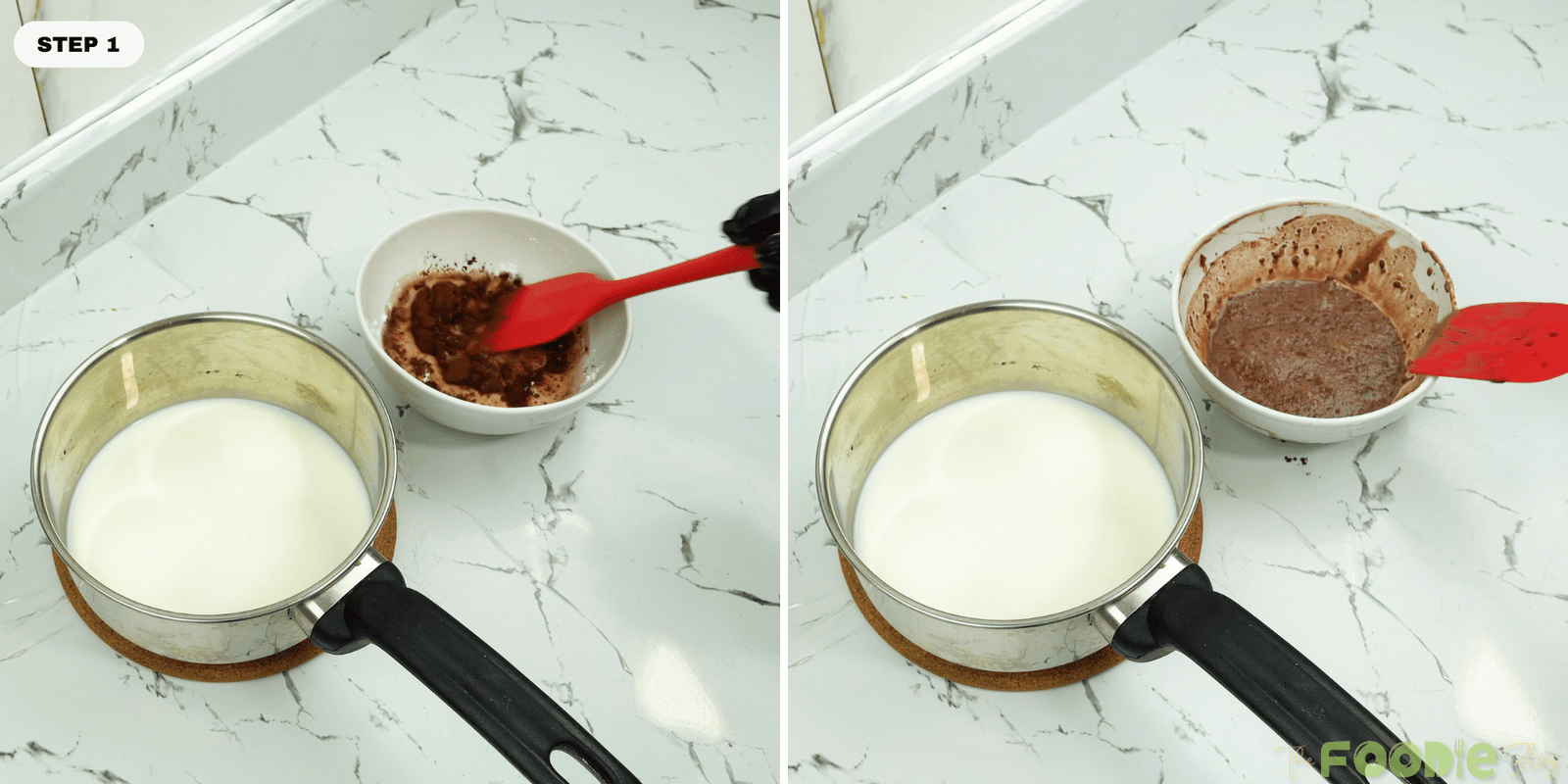 Cocoa mixture being stirred in a bowl next to a saucepan of milk