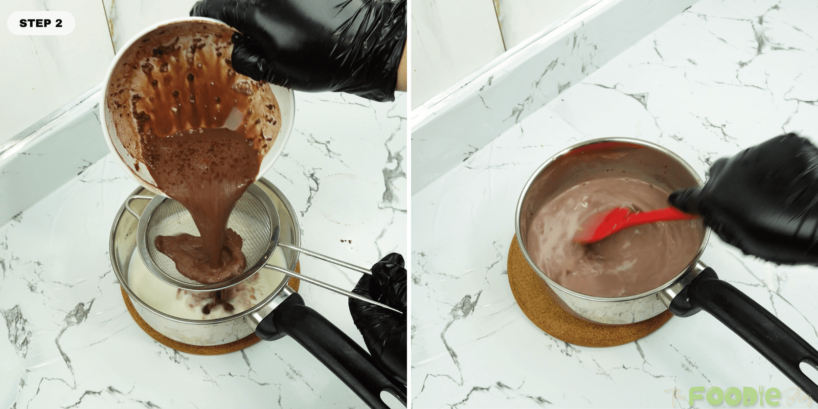 Cocoa slurry being poured through a strainer into a saucepan of milk