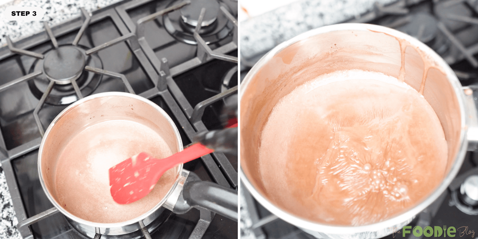 Saucepan of hot chocolate heating on the stovetop with a spatula