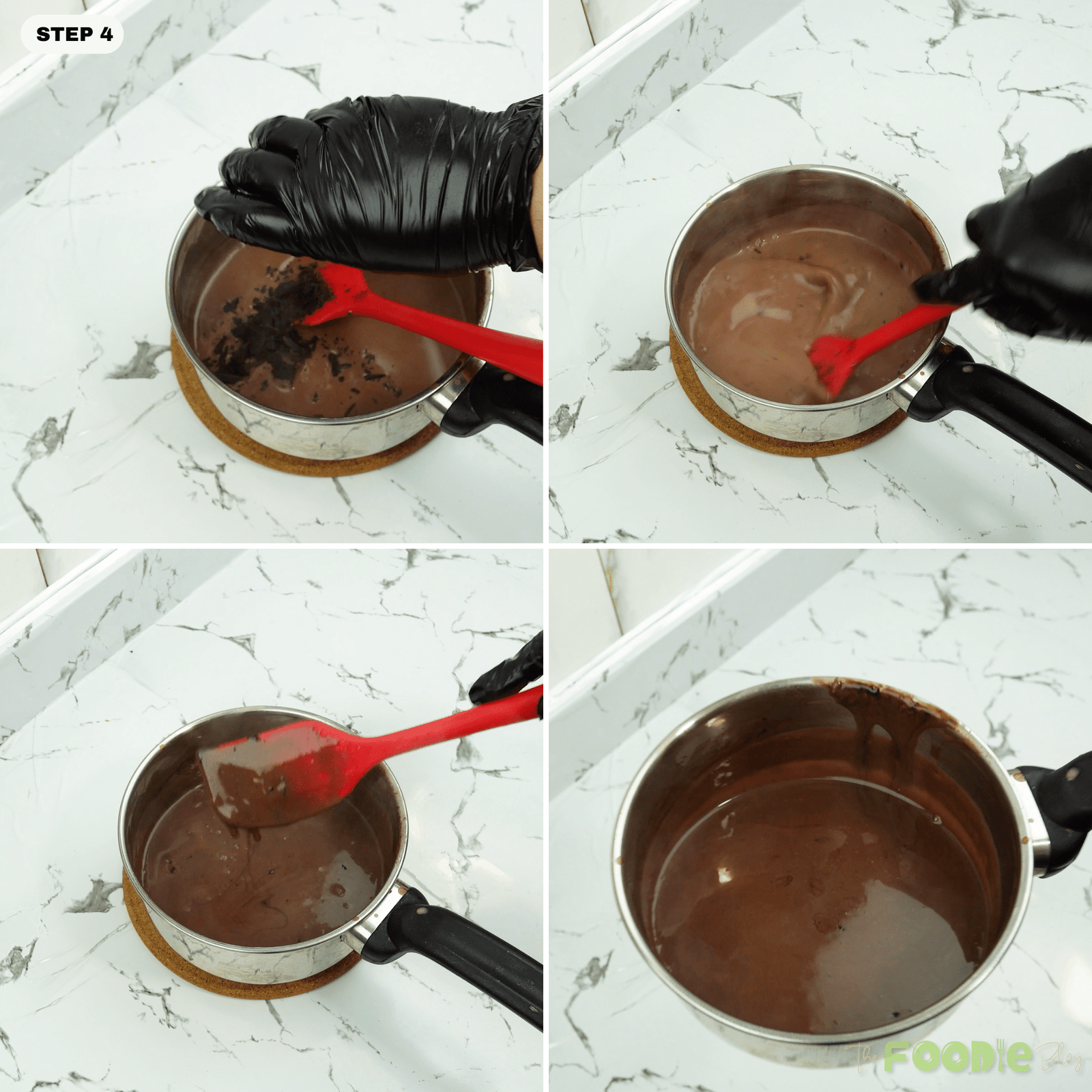 Dark chocolate being stirred into hot chocolate in a saucepan
