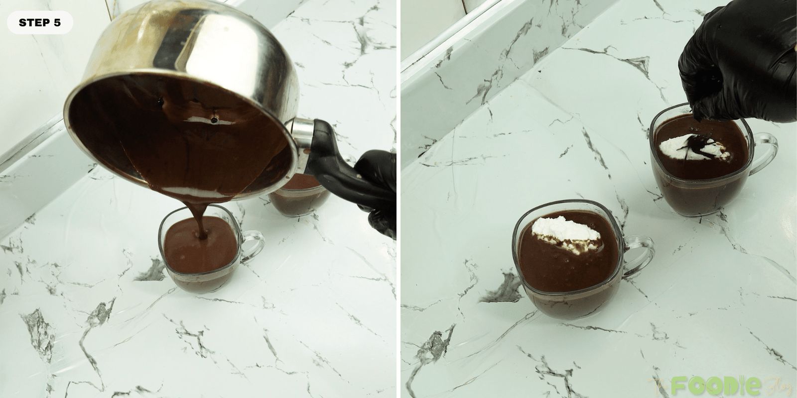 Hot chocolate being poured into glass mugs and topped with whipped cream