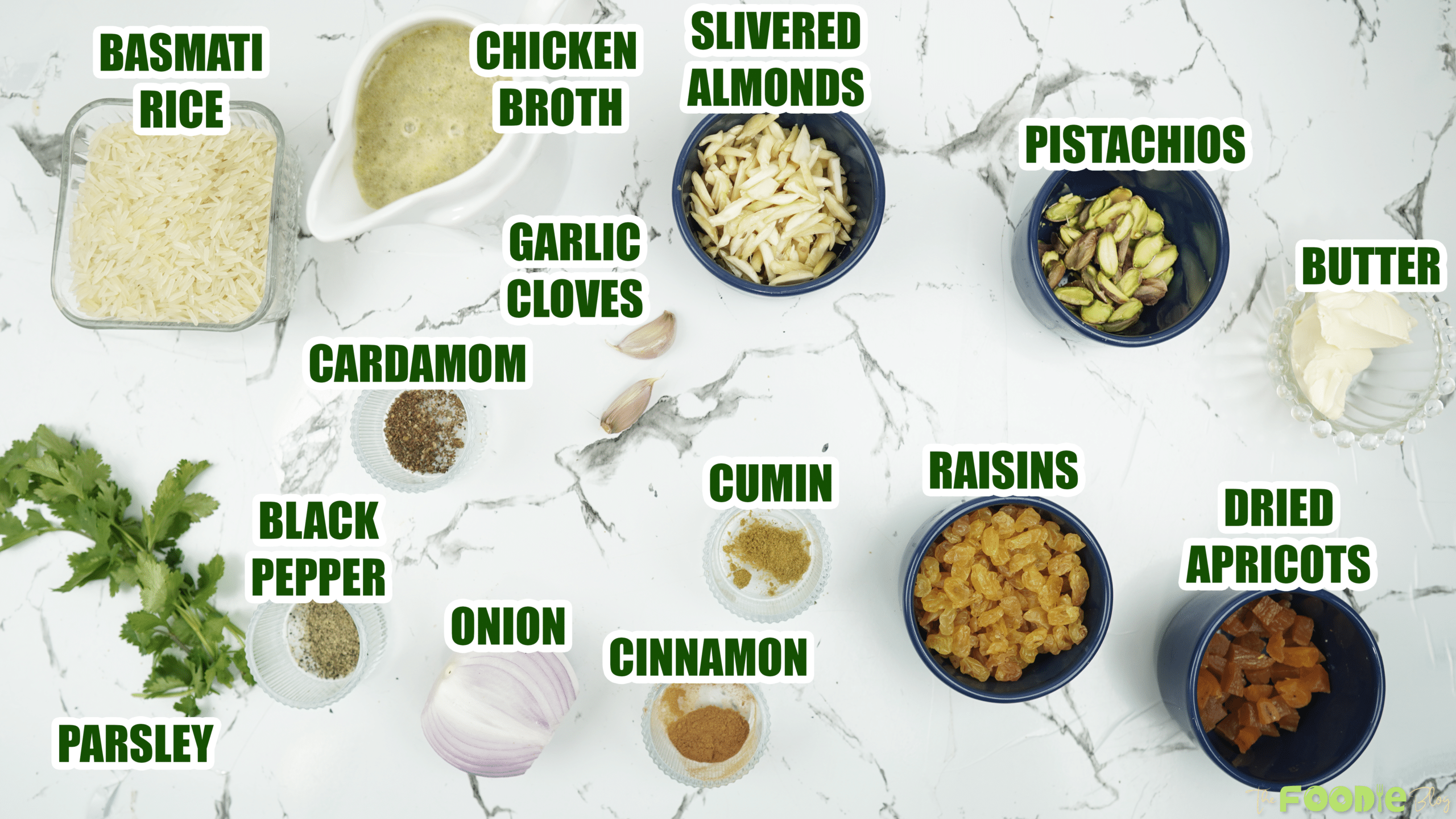 Labeled ingredients including basmati rice, chicken broth, butter, garlic, onion, spices, raisins, dried apricots, pistachios, almonds, and parsley