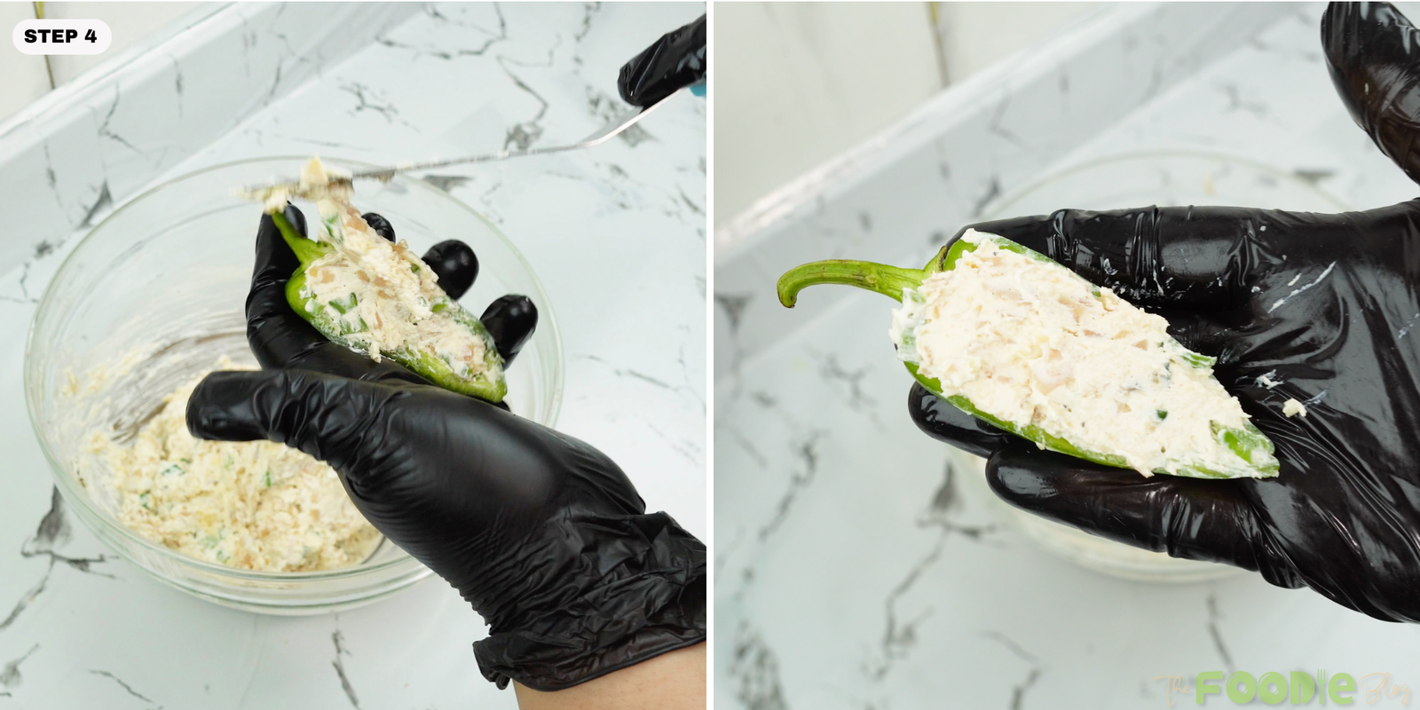 Jalapeño half being filled with cream cheese mixture