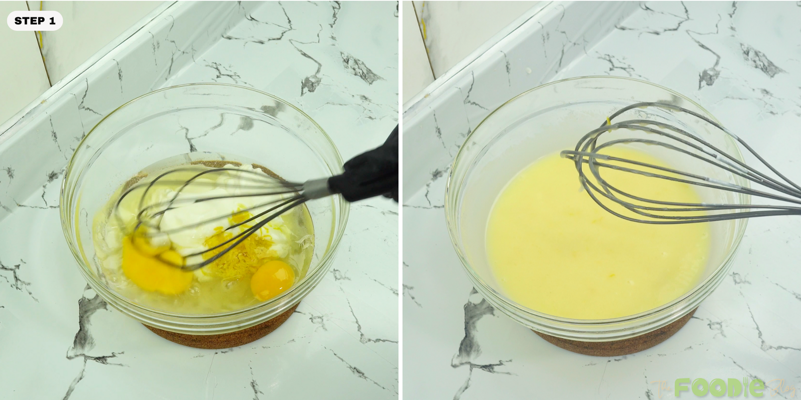 Eggs, yogurt, lemon zest, and sugar being whisked in a glass bowl