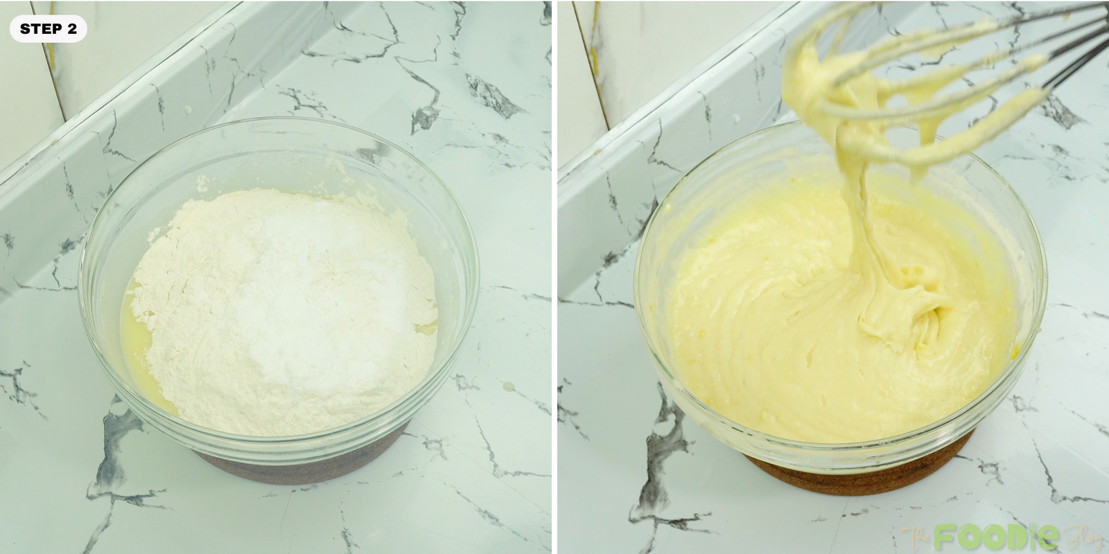 Flour added to a bowl of batter and then mixed until creamy