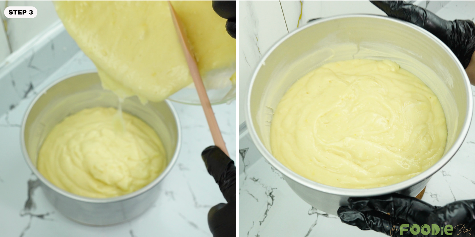 Lemon cake batter being poured into a round cake pan and smoothed
