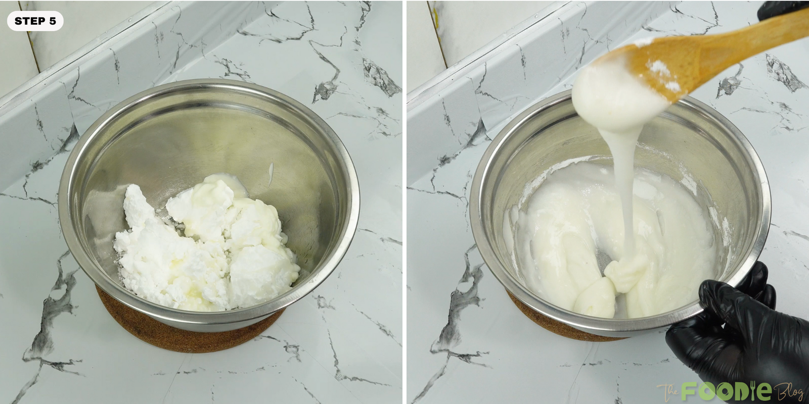 Powdered sugar and yogurt mixed into a smooth white glaze in a bowl