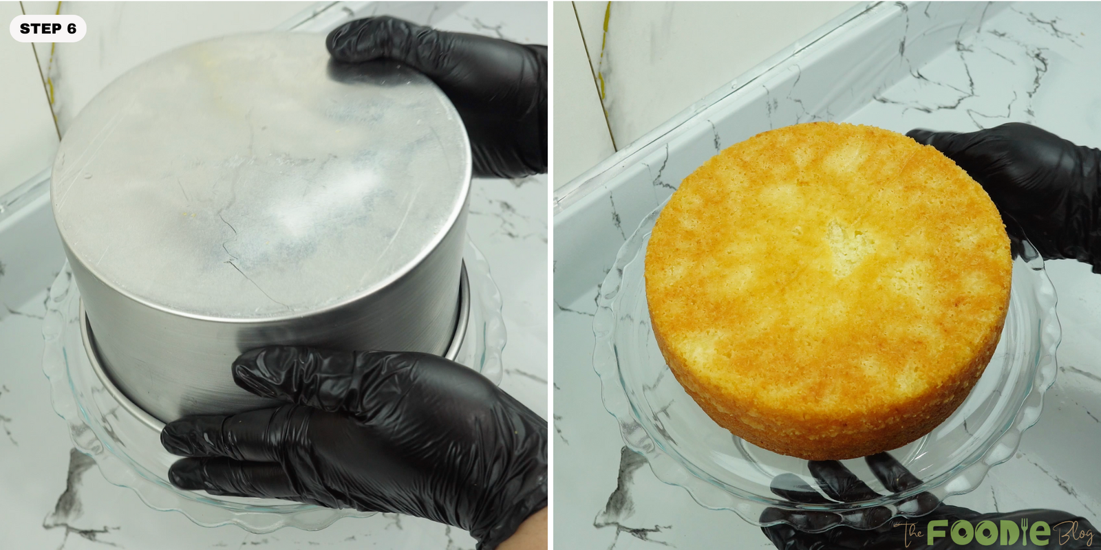Cake pan flipped onto a plate and the lemon cake released onto a stand