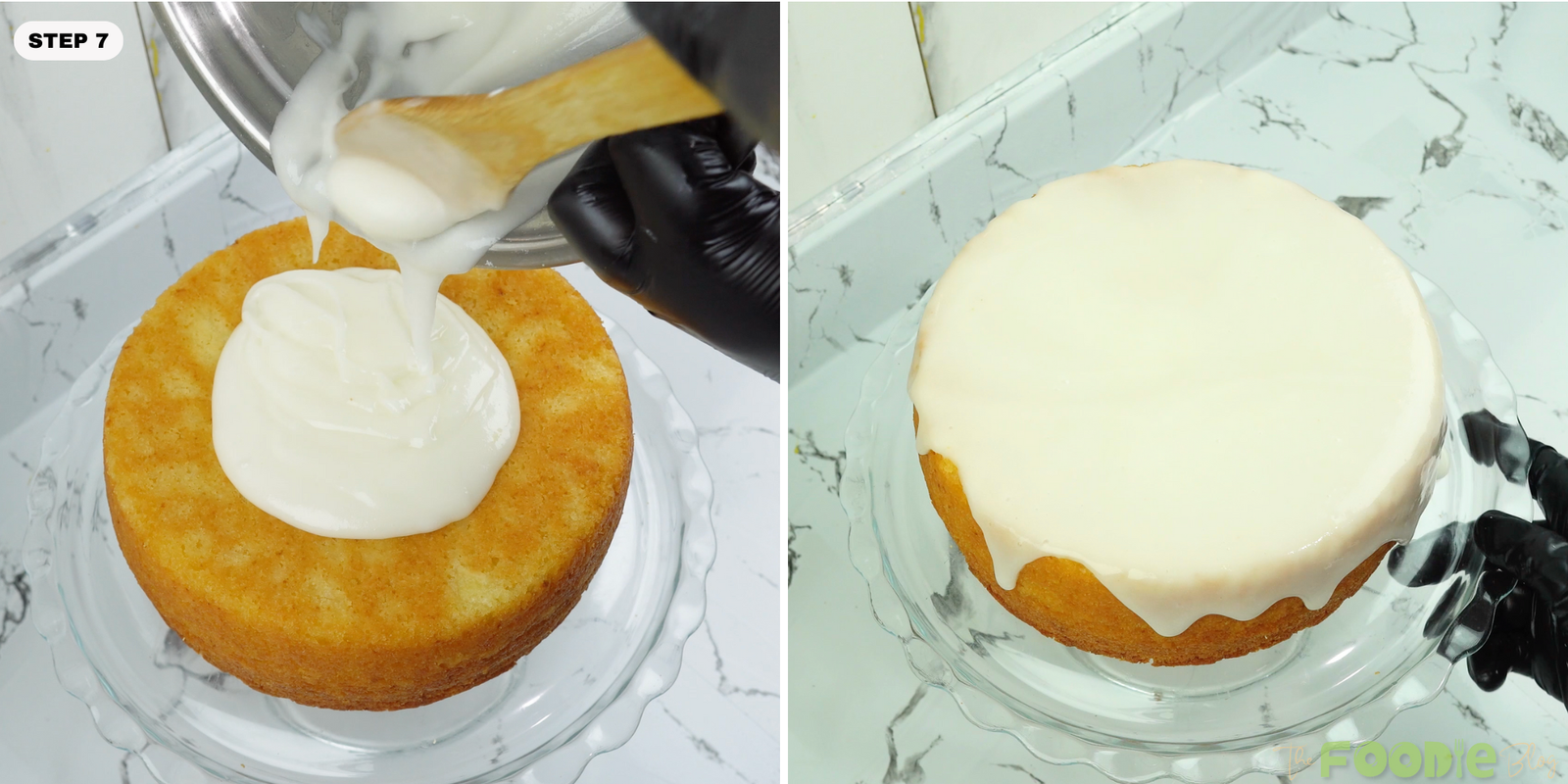 White glaze being poured over the center of the cake and dripped down the sides