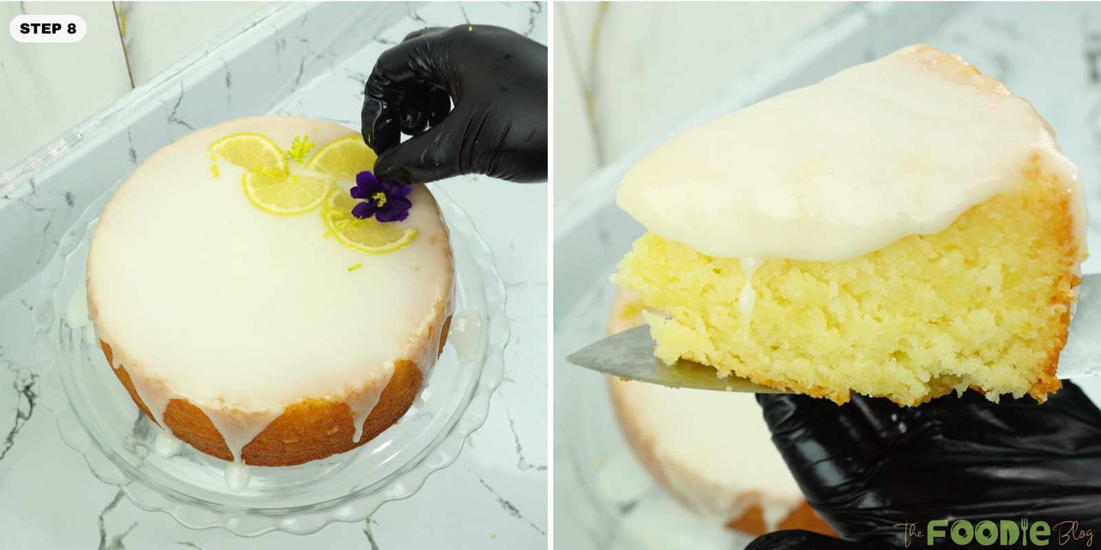 Lemon cake decorated with lemon slices and a flower, plus a close-up slice with glaze