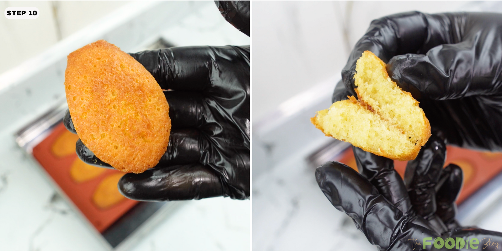 A golden madeleine held in hand and a torn piece showing the soft interior