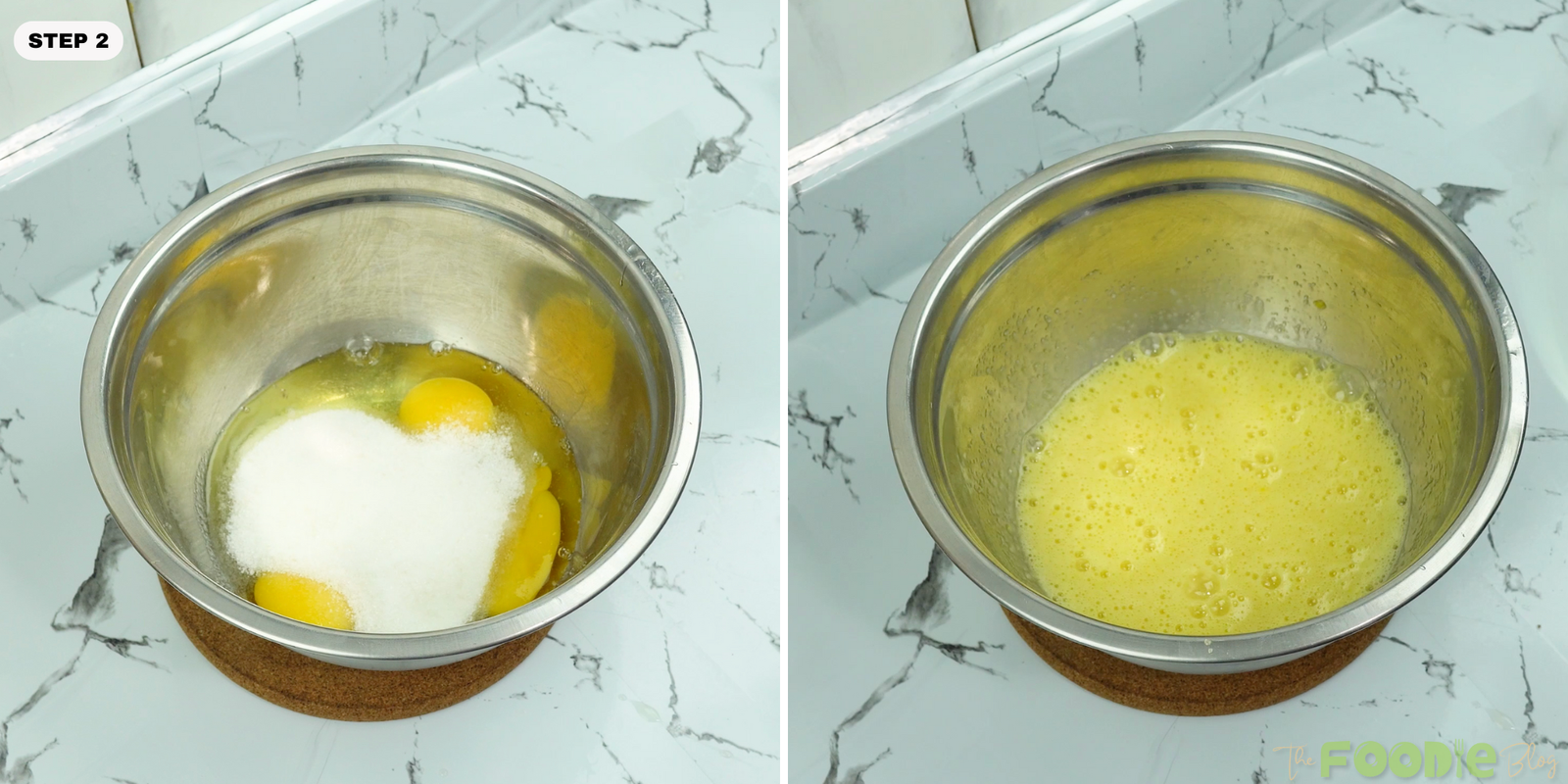 Eggs and sugar whisked together in a metal bowl until light and bubbly