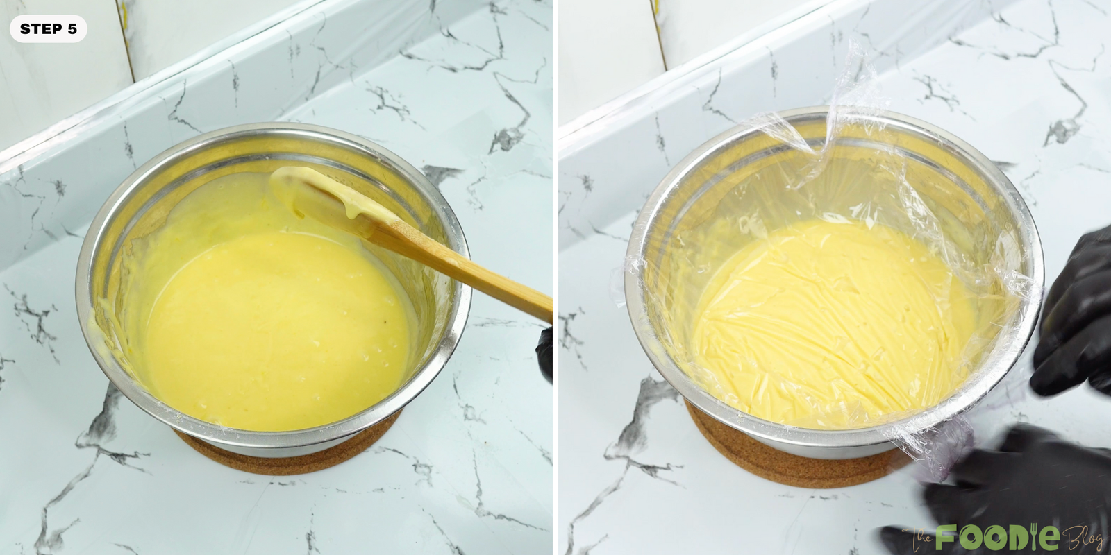 Covered bowl of madeleine batter resting in the bowl before baking