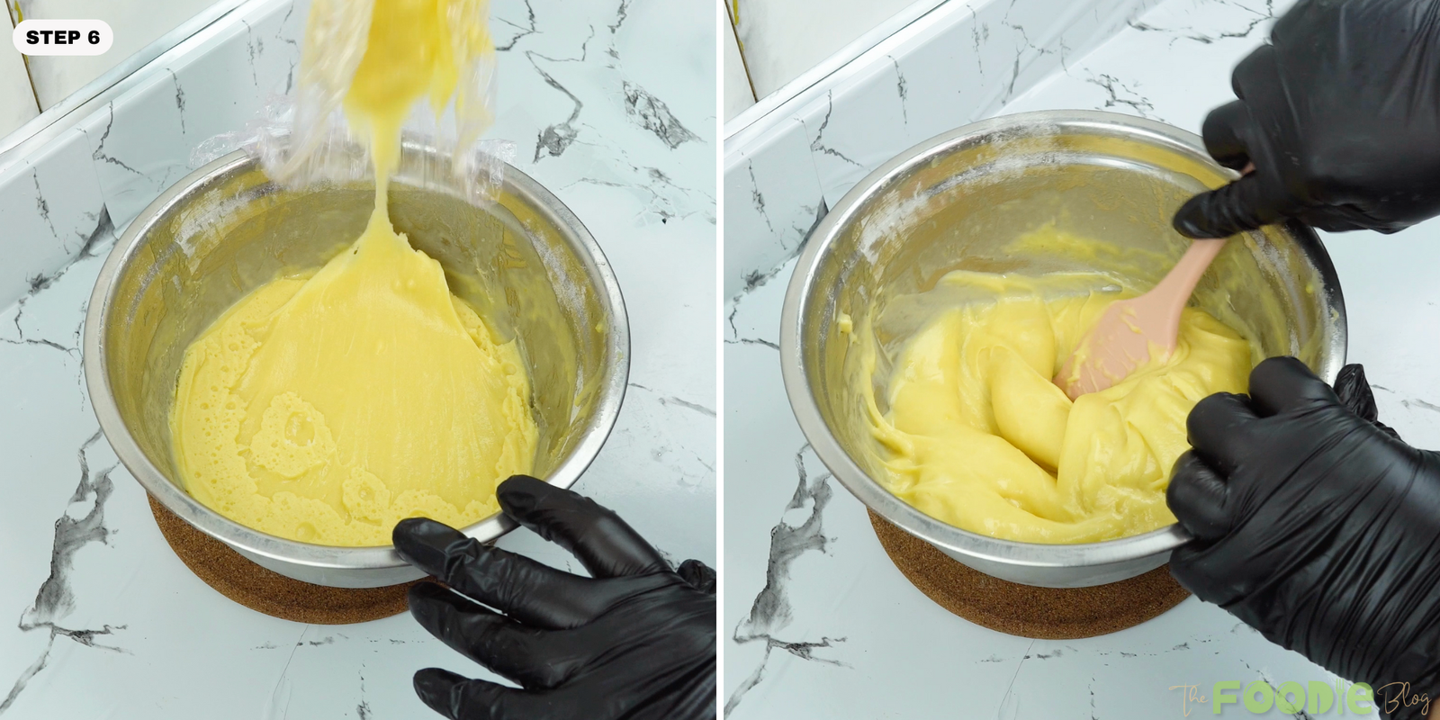 Thickened madeleine batter being folded with a spatula in a metal bowl