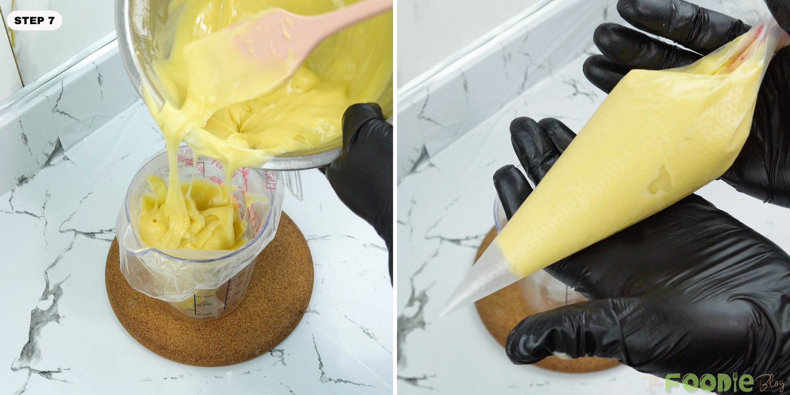 Madeleines batter being spooned into a piping bag for easy filling