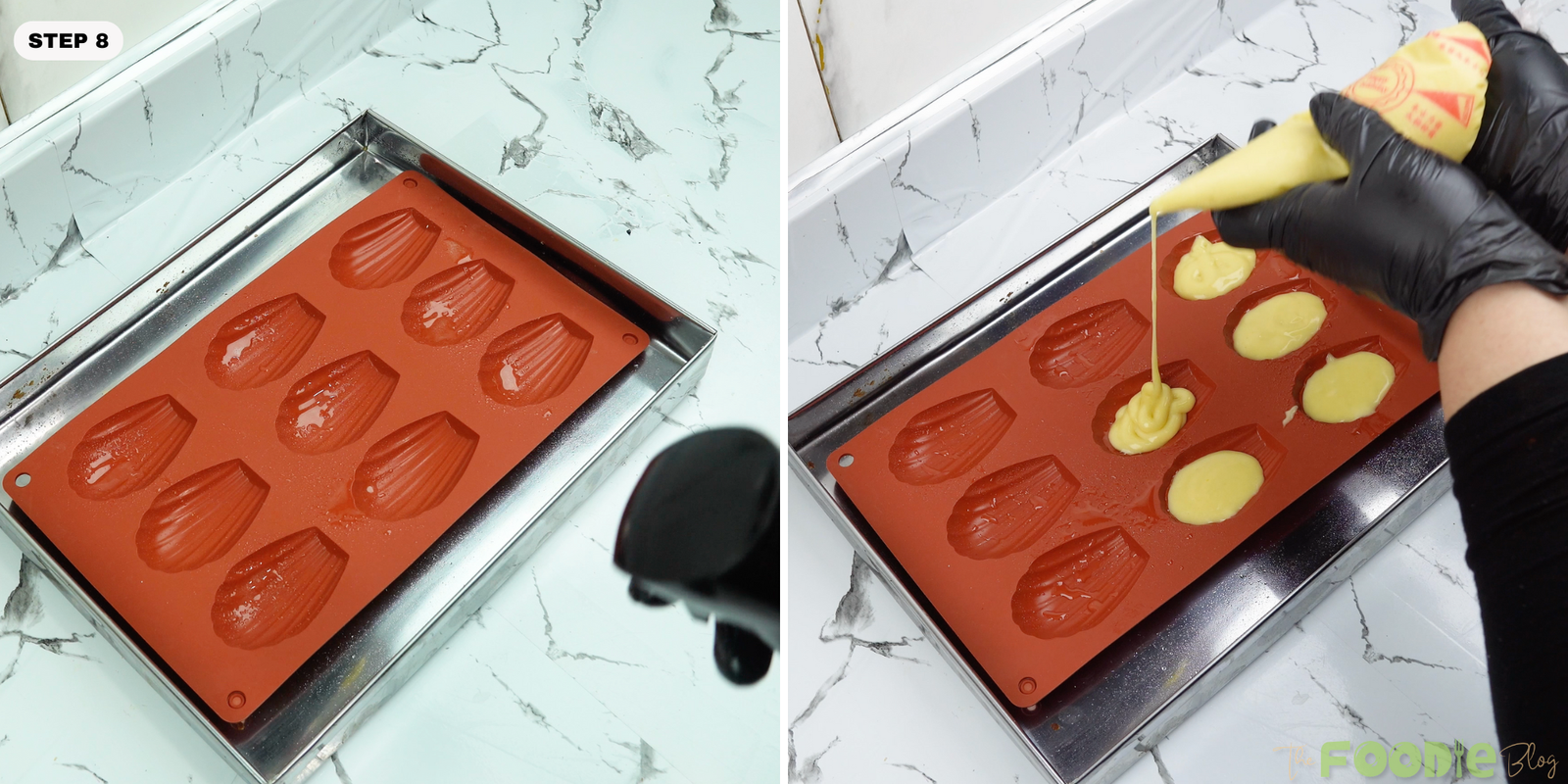 Batter being piped into a greased madeleine pan with shell-shaped cavities