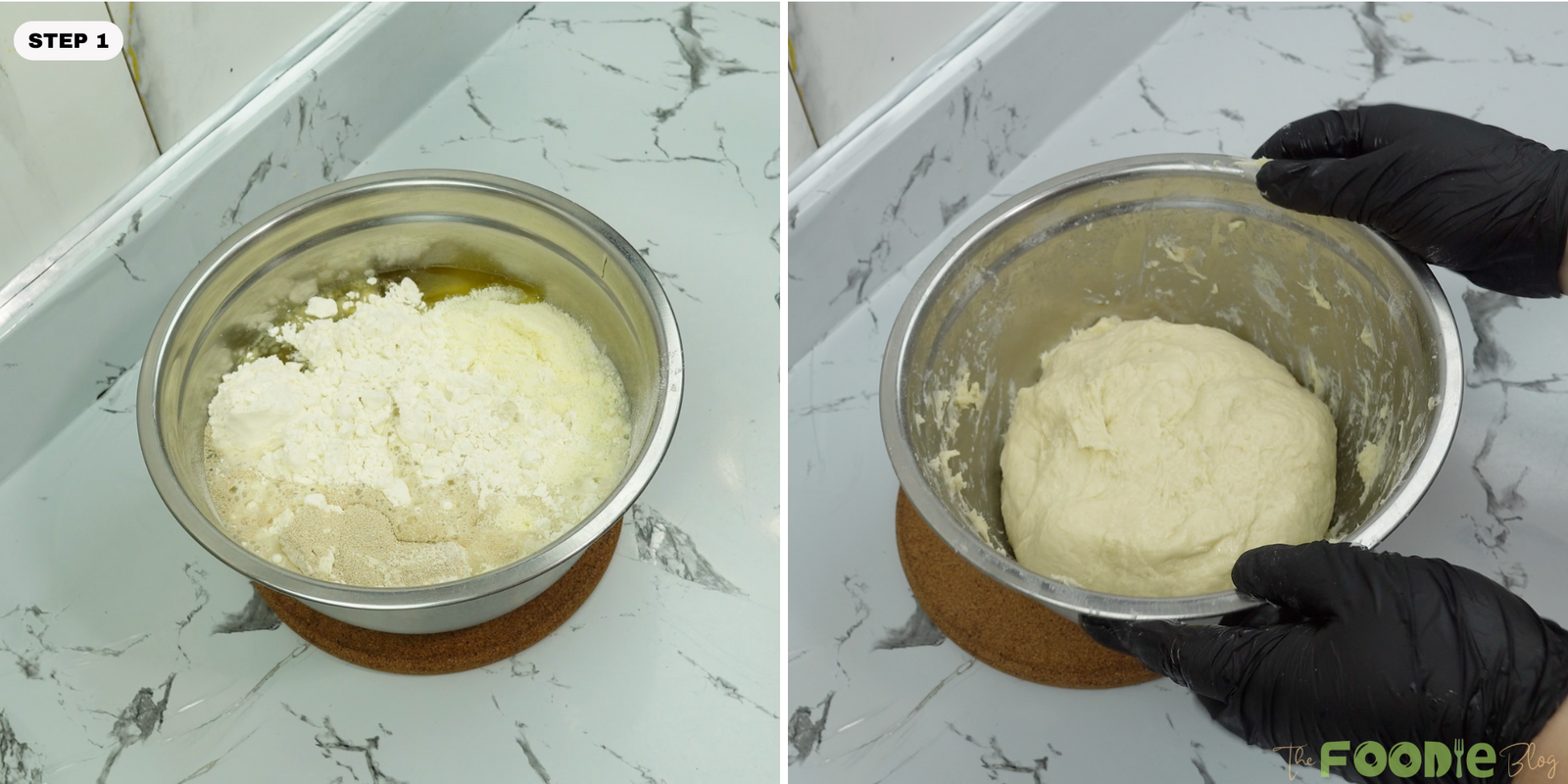 Dough ingredients combined in a metal bowl before kneading