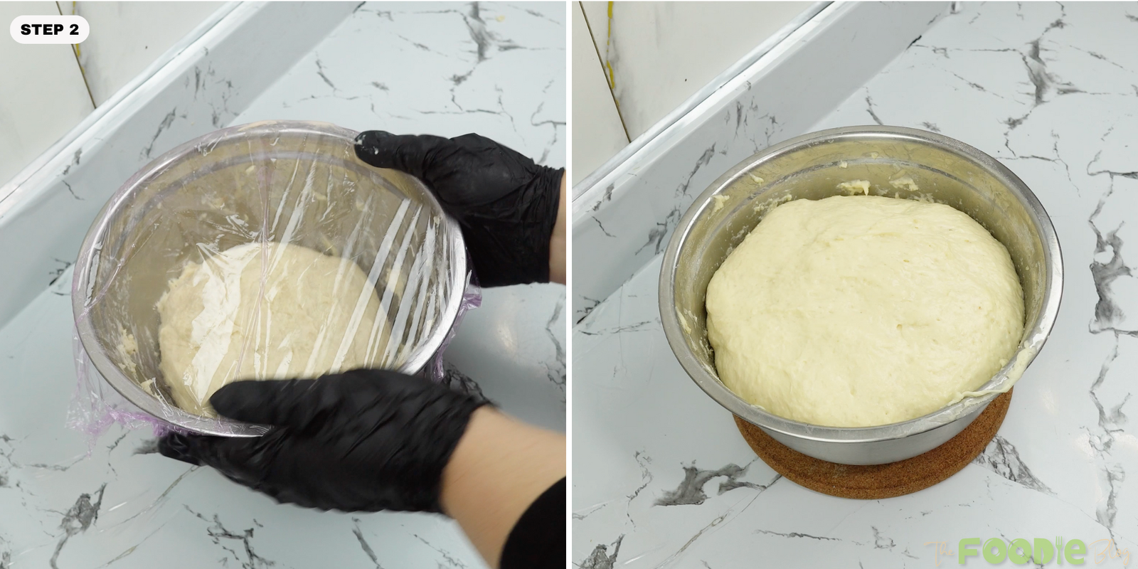 Covered dough resting, then doubled after rising